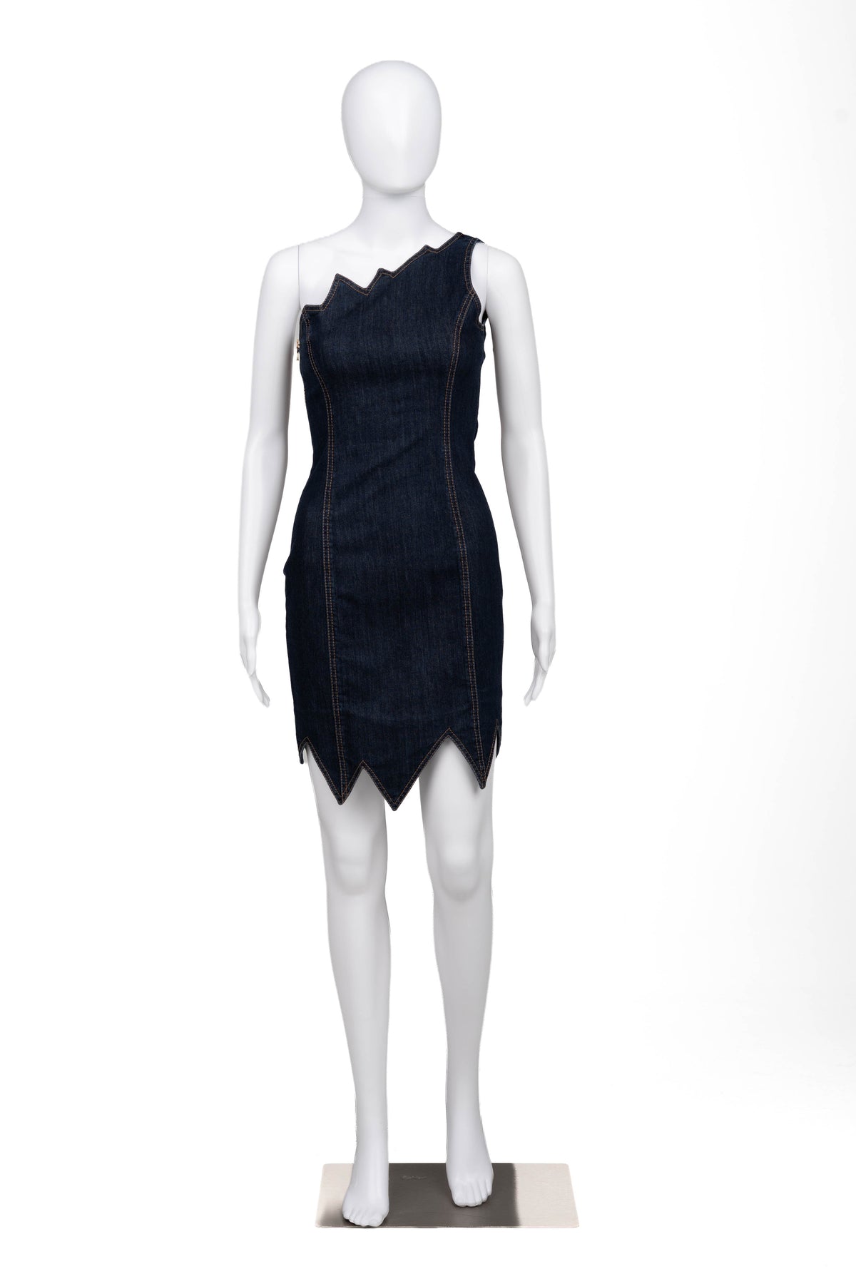 1990s One Shoulder Zig Zag Denim Dress