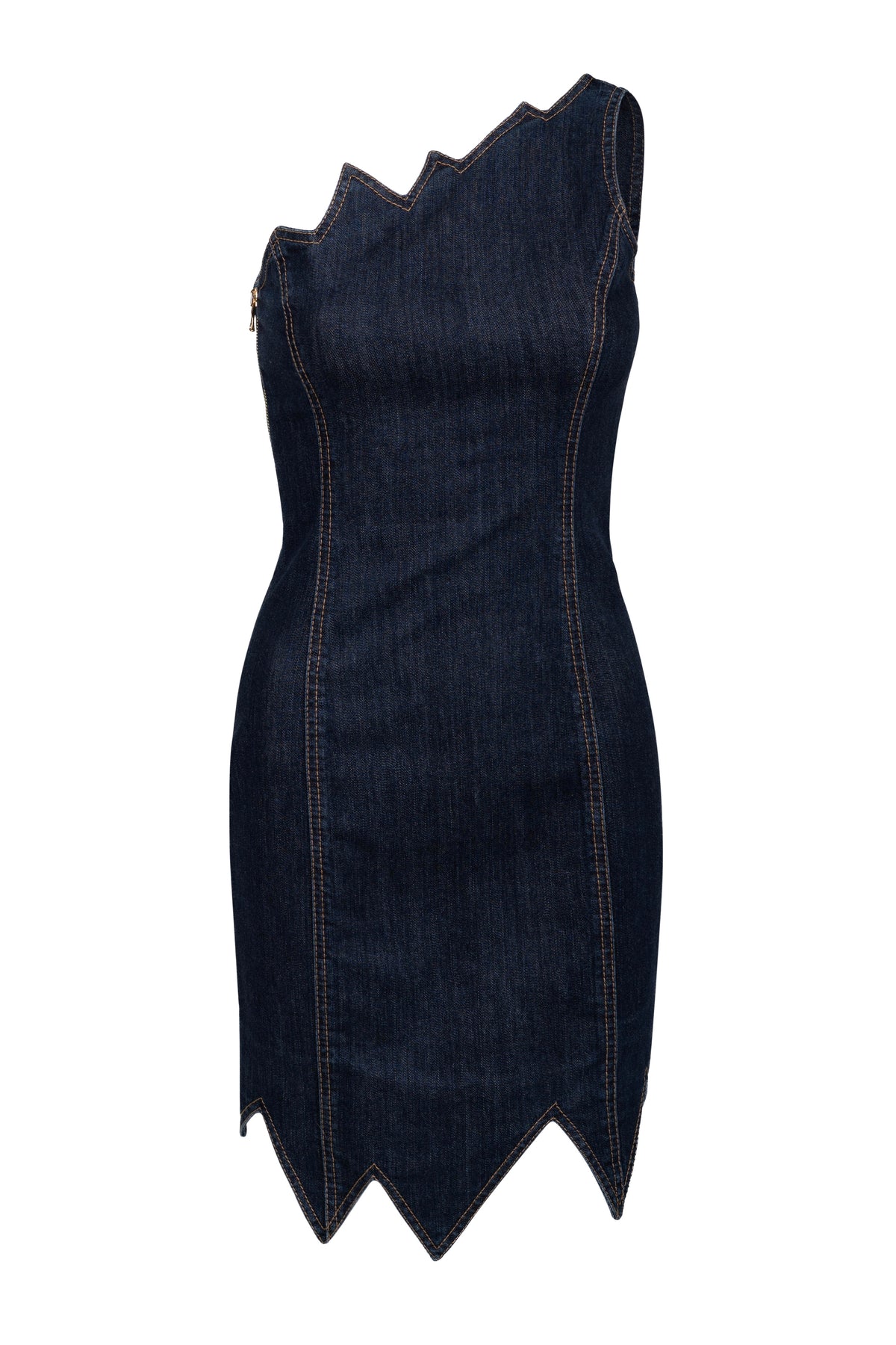 1990s One Shoulder Zig Zag Denim Dress