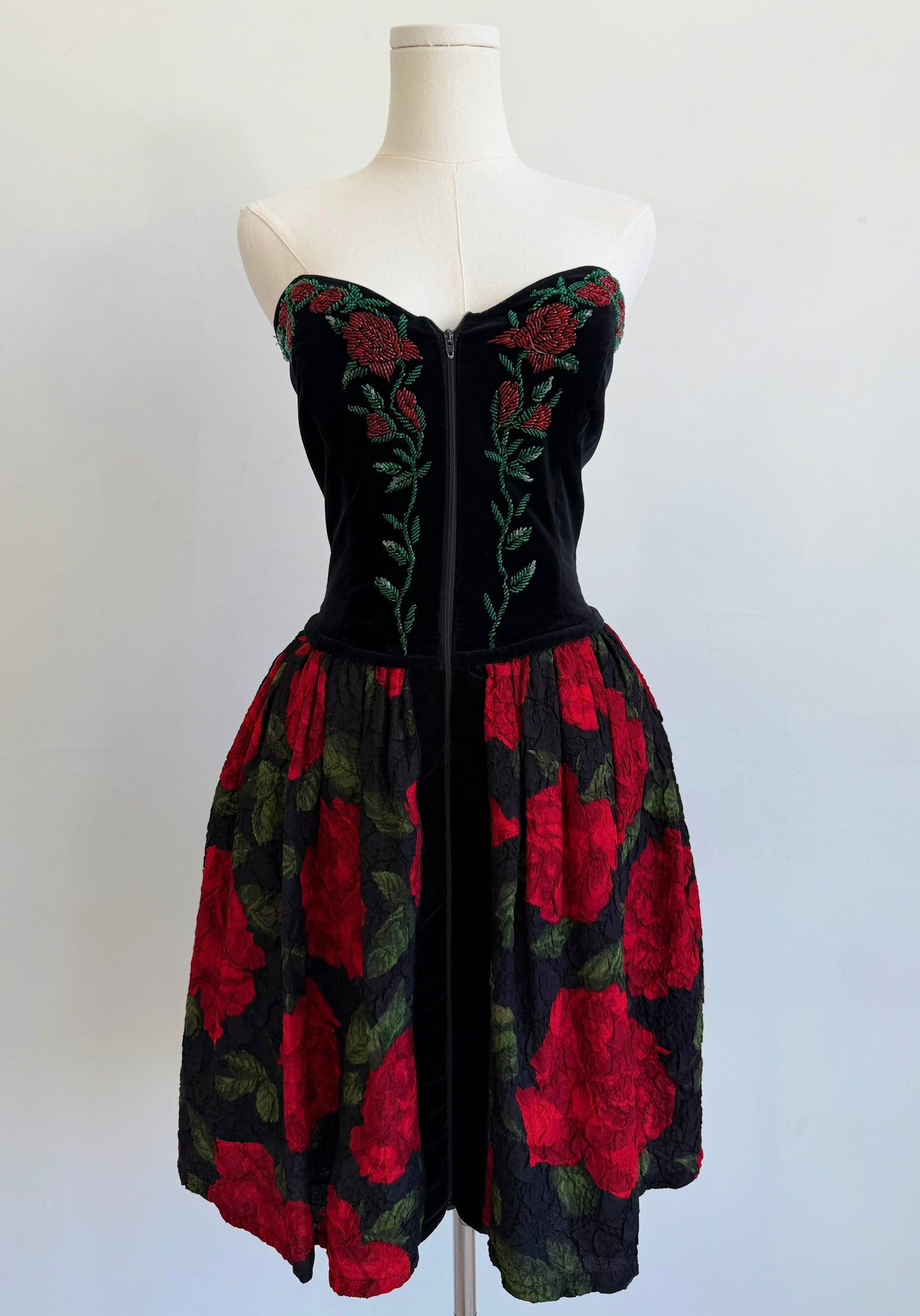 F/W 1991 Black Velvet Rose Strapless Dress