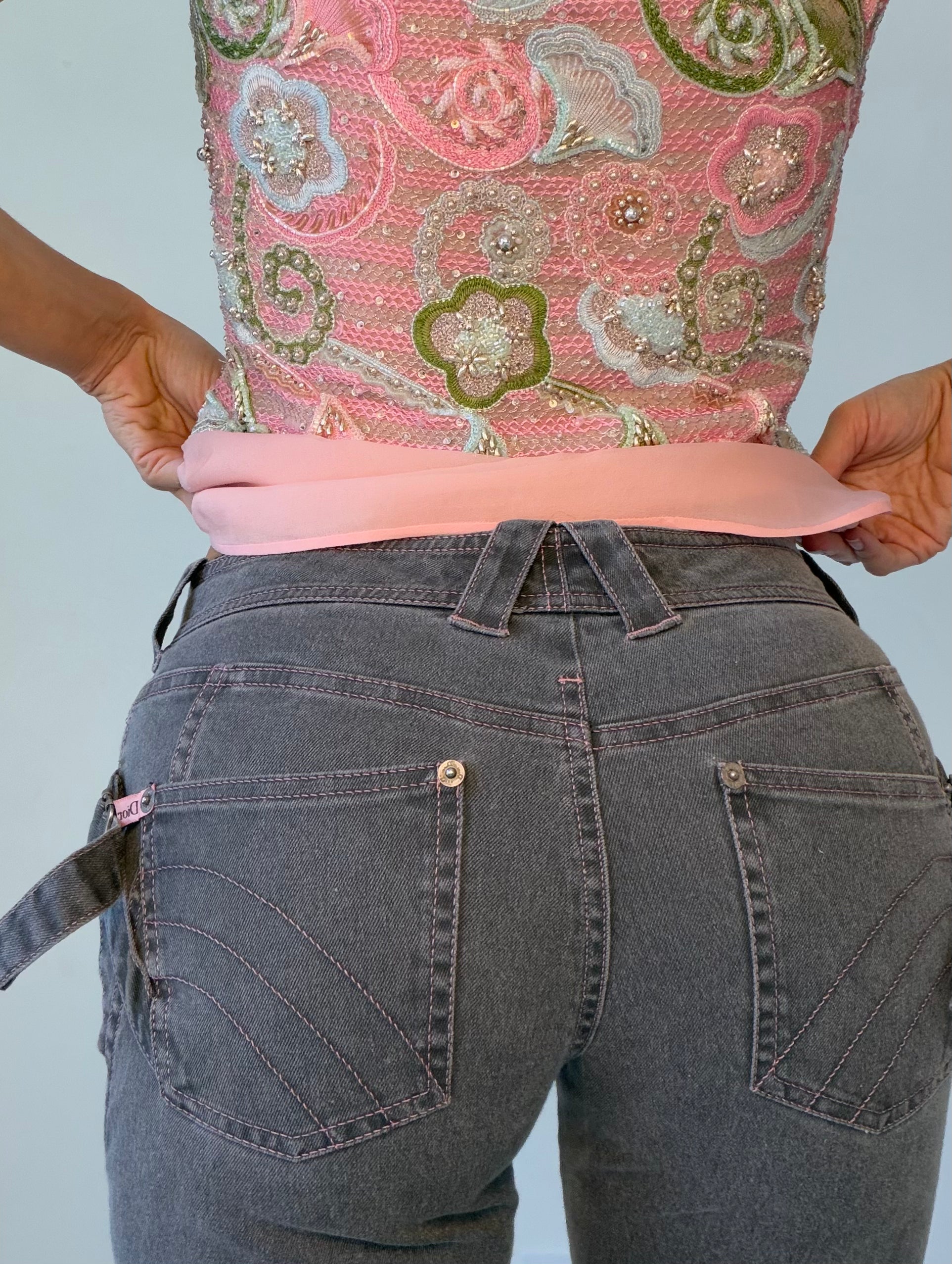 Grey Denim Jeans with Pink Contrast Stitching