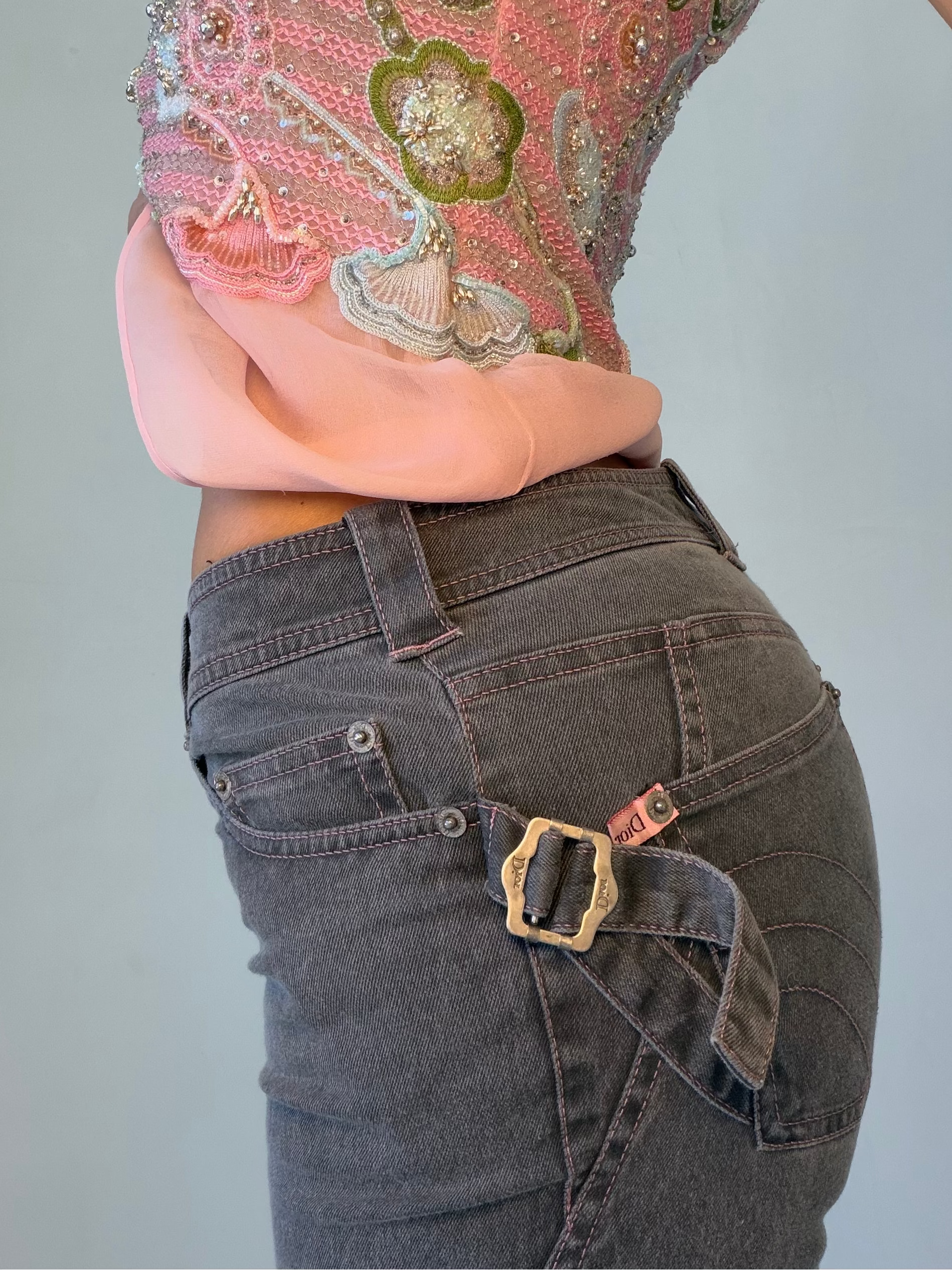 Grey Denim Jeans with Pink Contrast Stitching