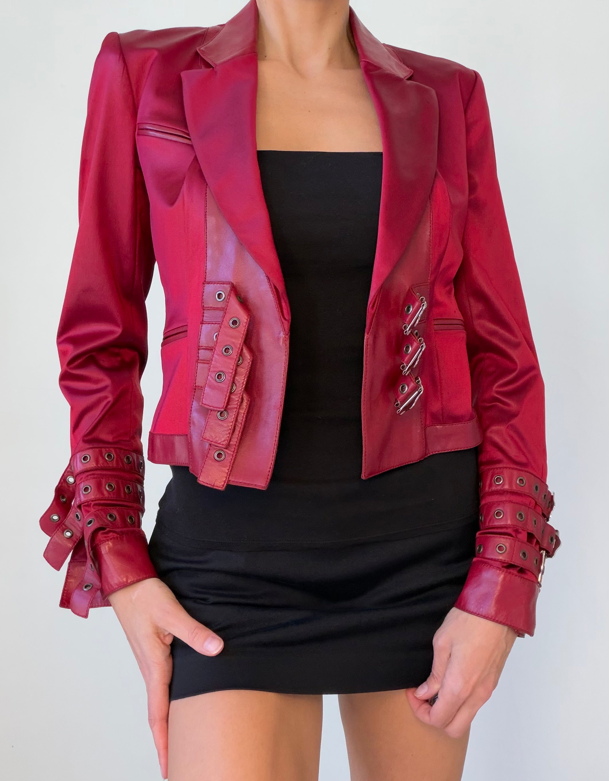 F/W 2003 Red Satin & Lamb Leather Buckle Jacket