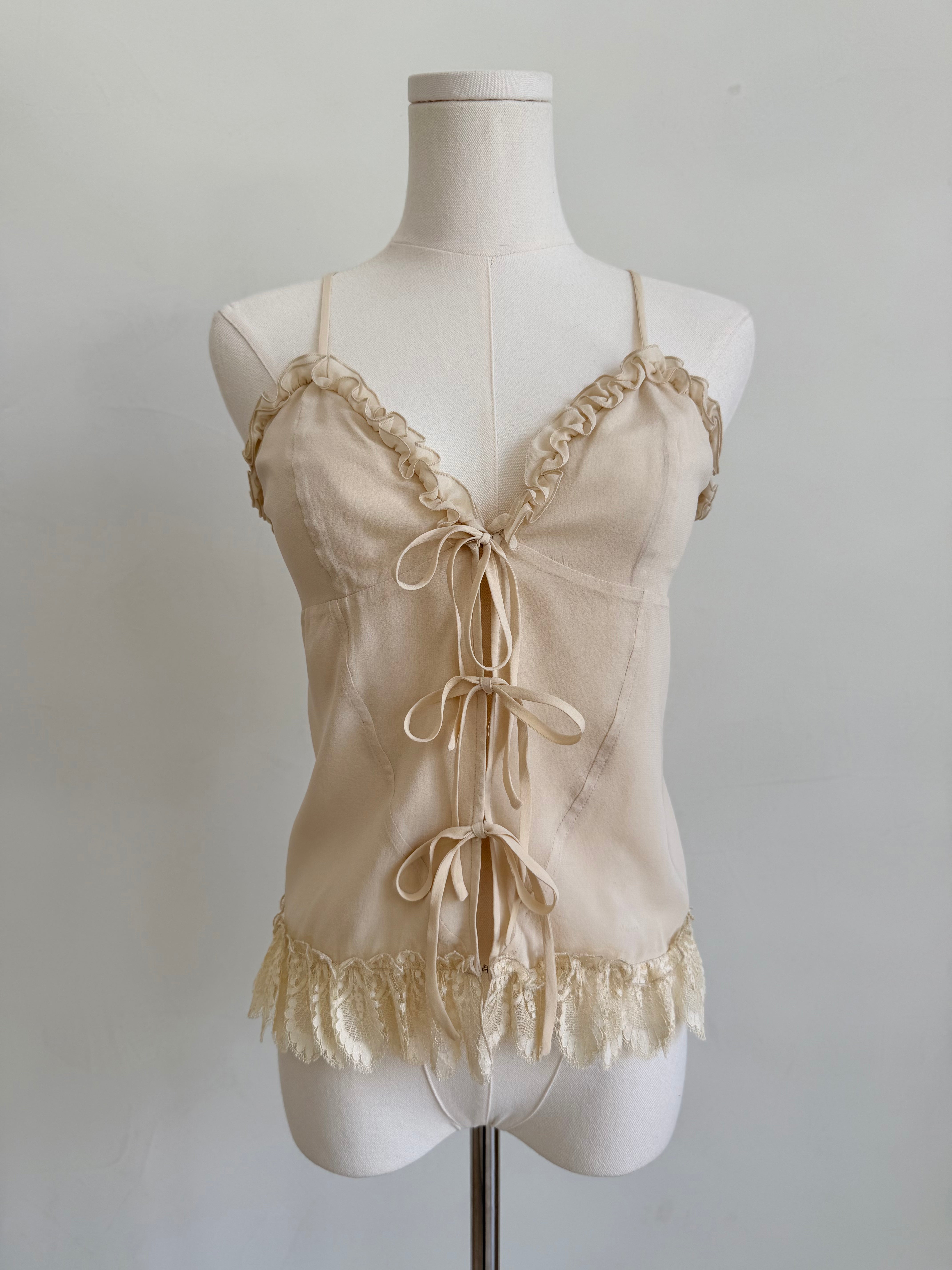 Ivory Ruffle & Lace-Up Camisole Top
