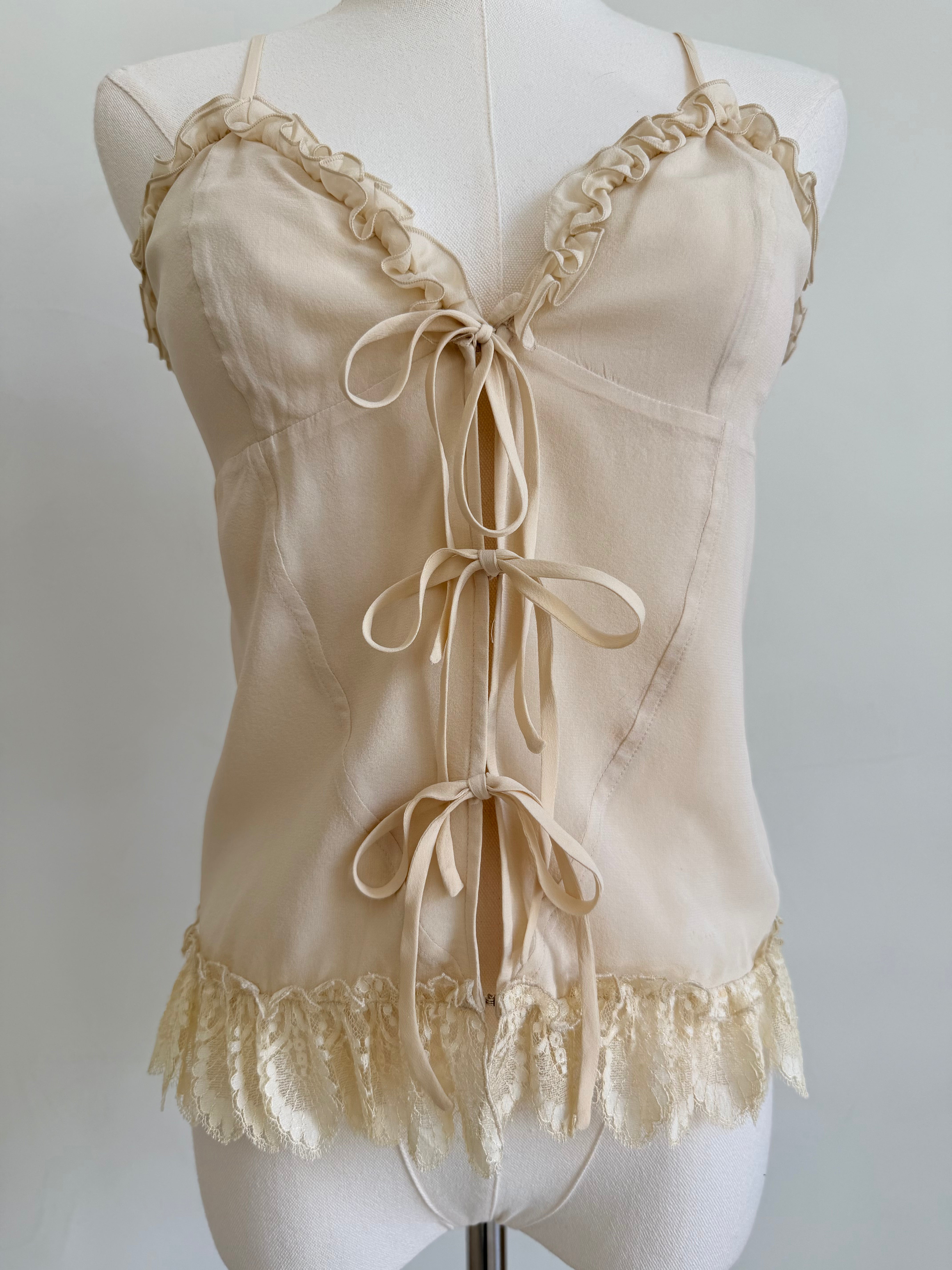 Ivory Ruffle & Lace-Up Camisole Top