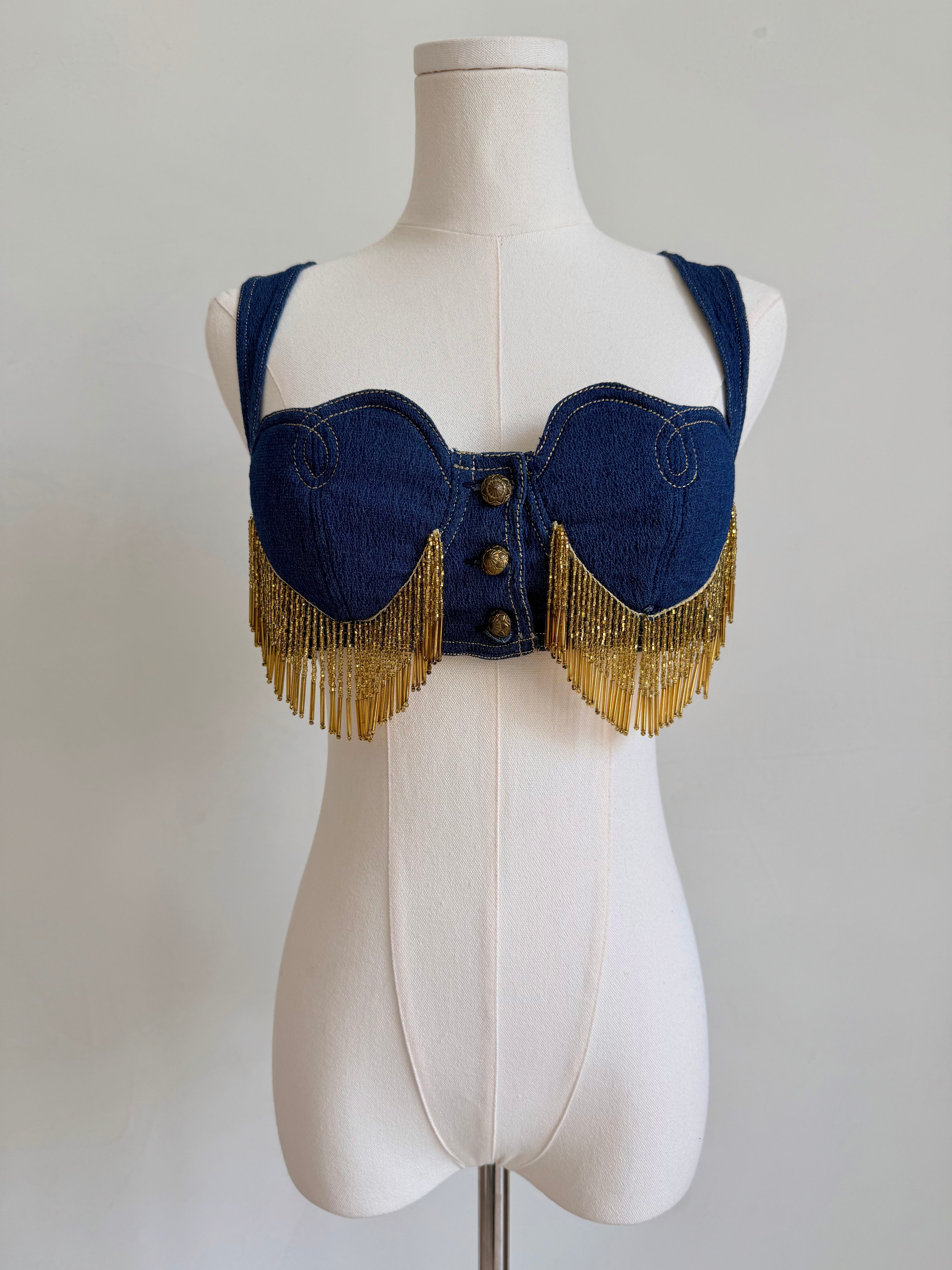 Heart Denim with Gold Fringe Bustier Top