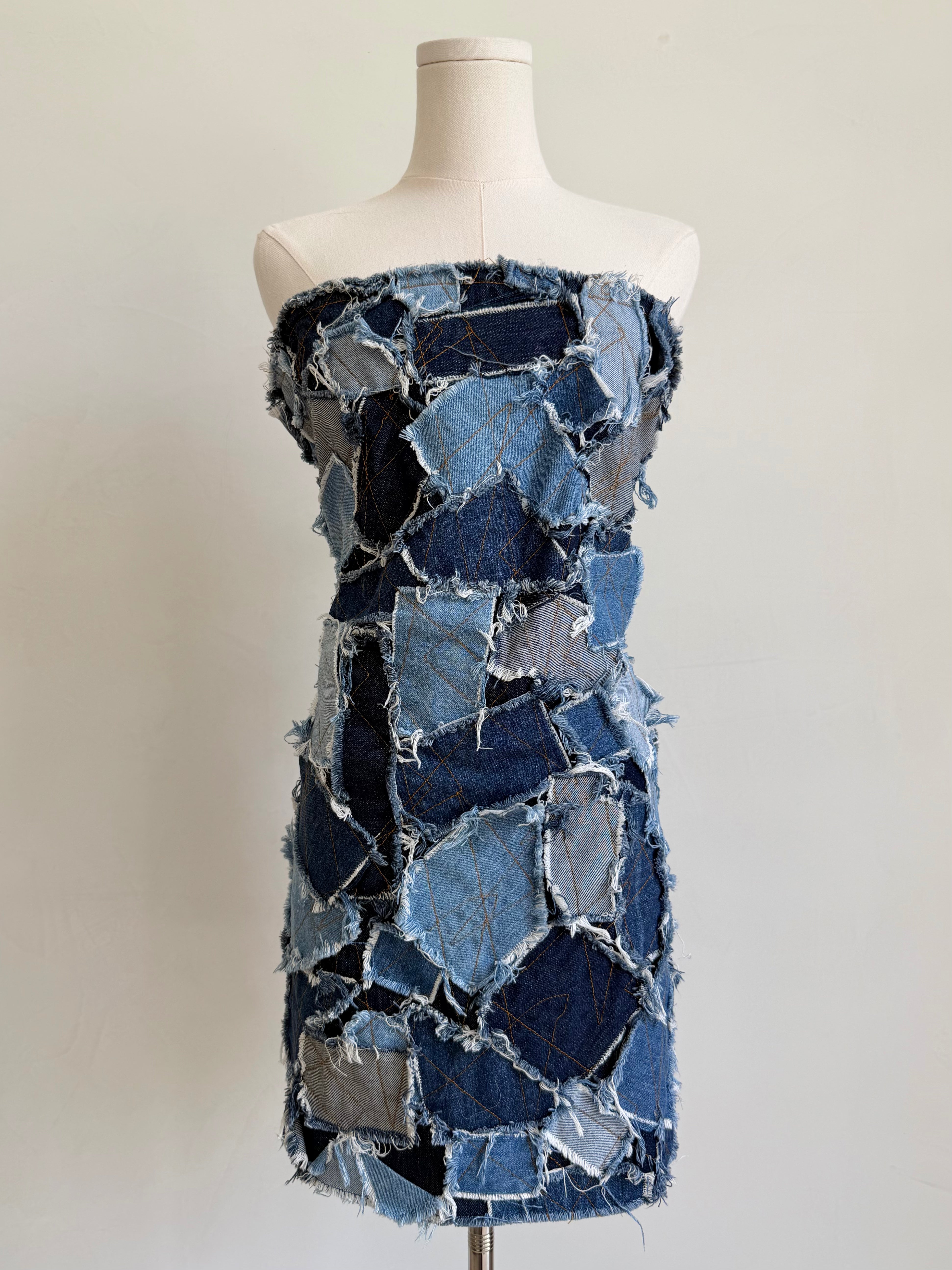 F/W 2000 Blue Patchwork Denim Strapless Dress