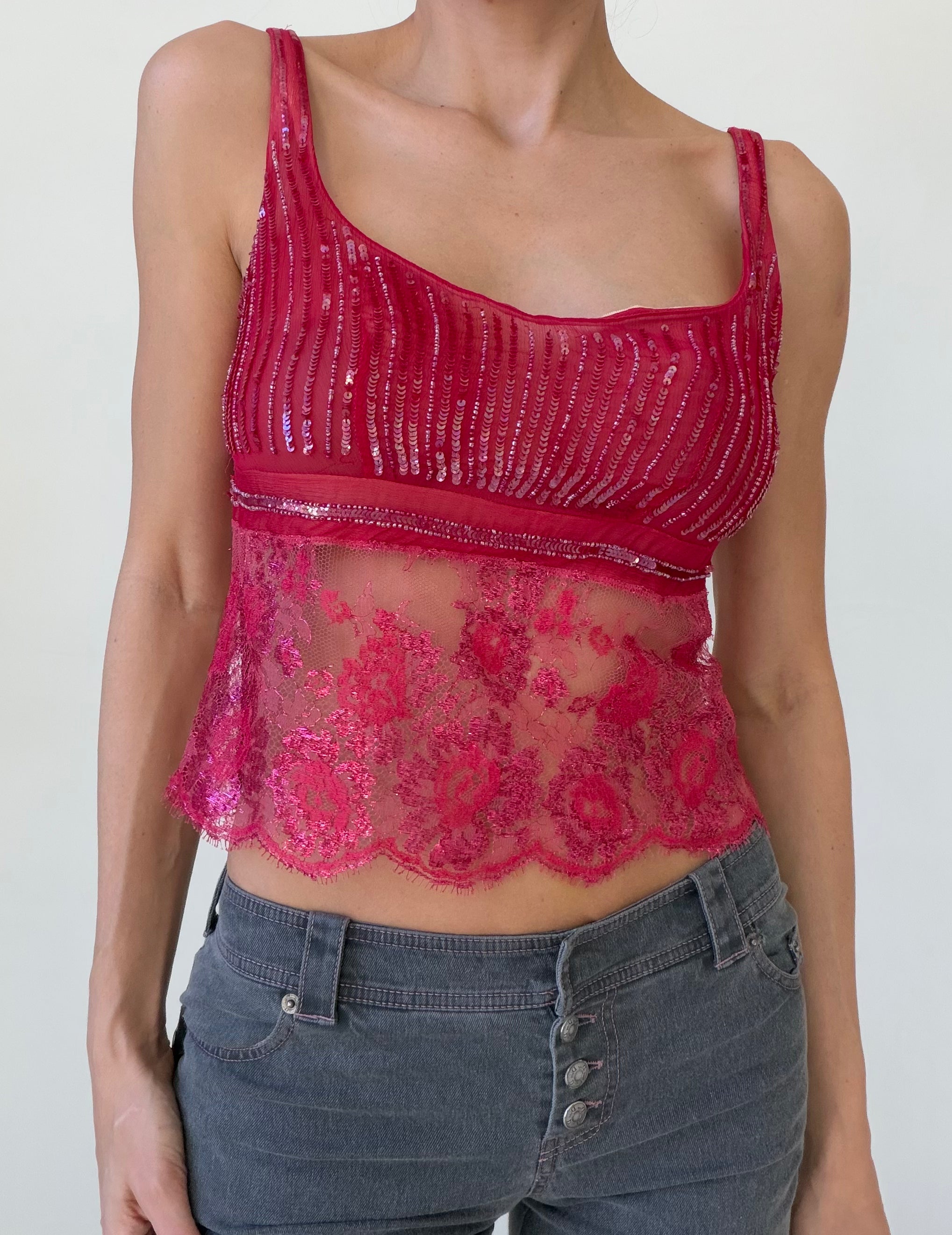 Red Embellished Lace & Sequin Tank