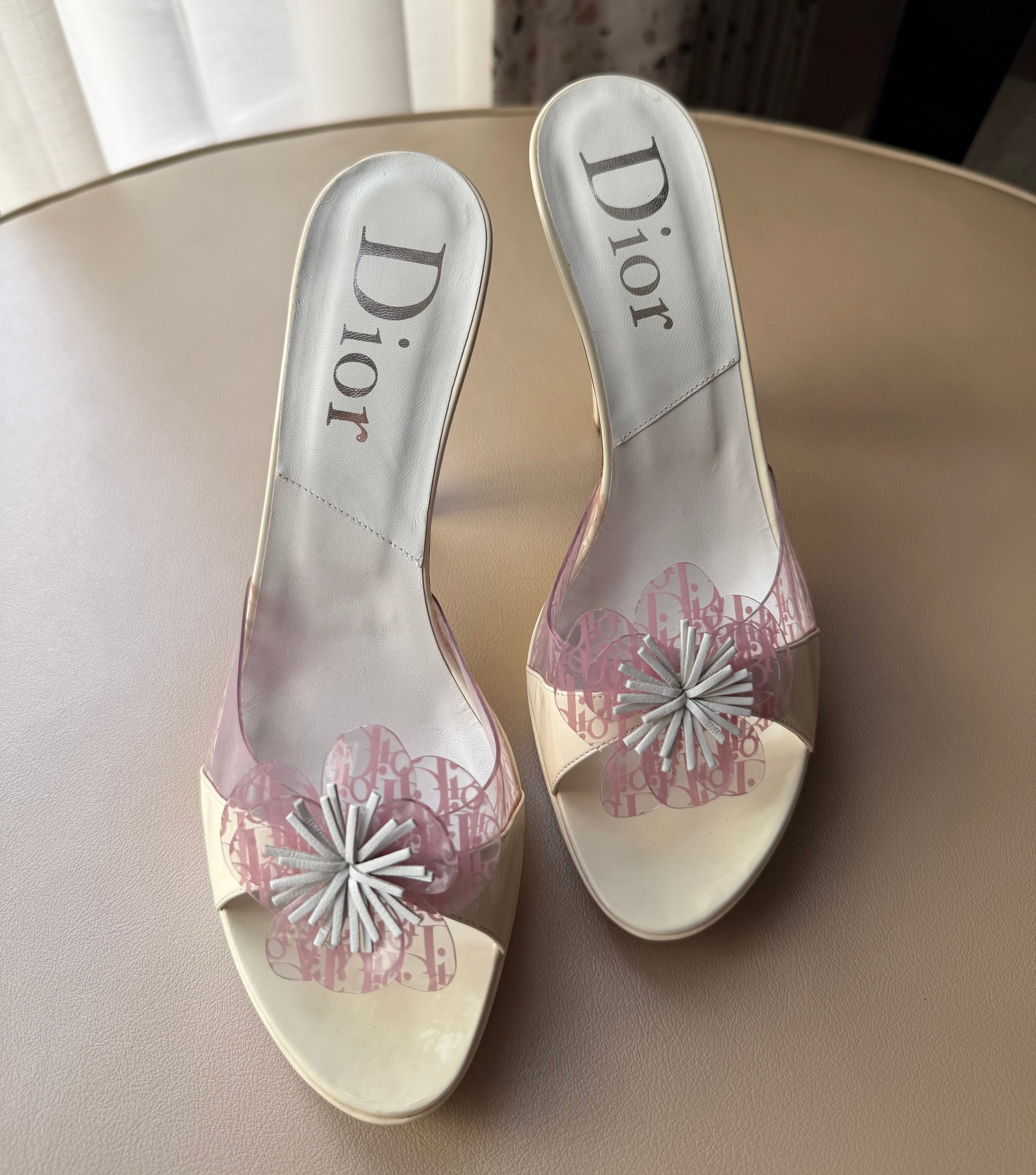 Cream Dior Logo Flower Mule Heels