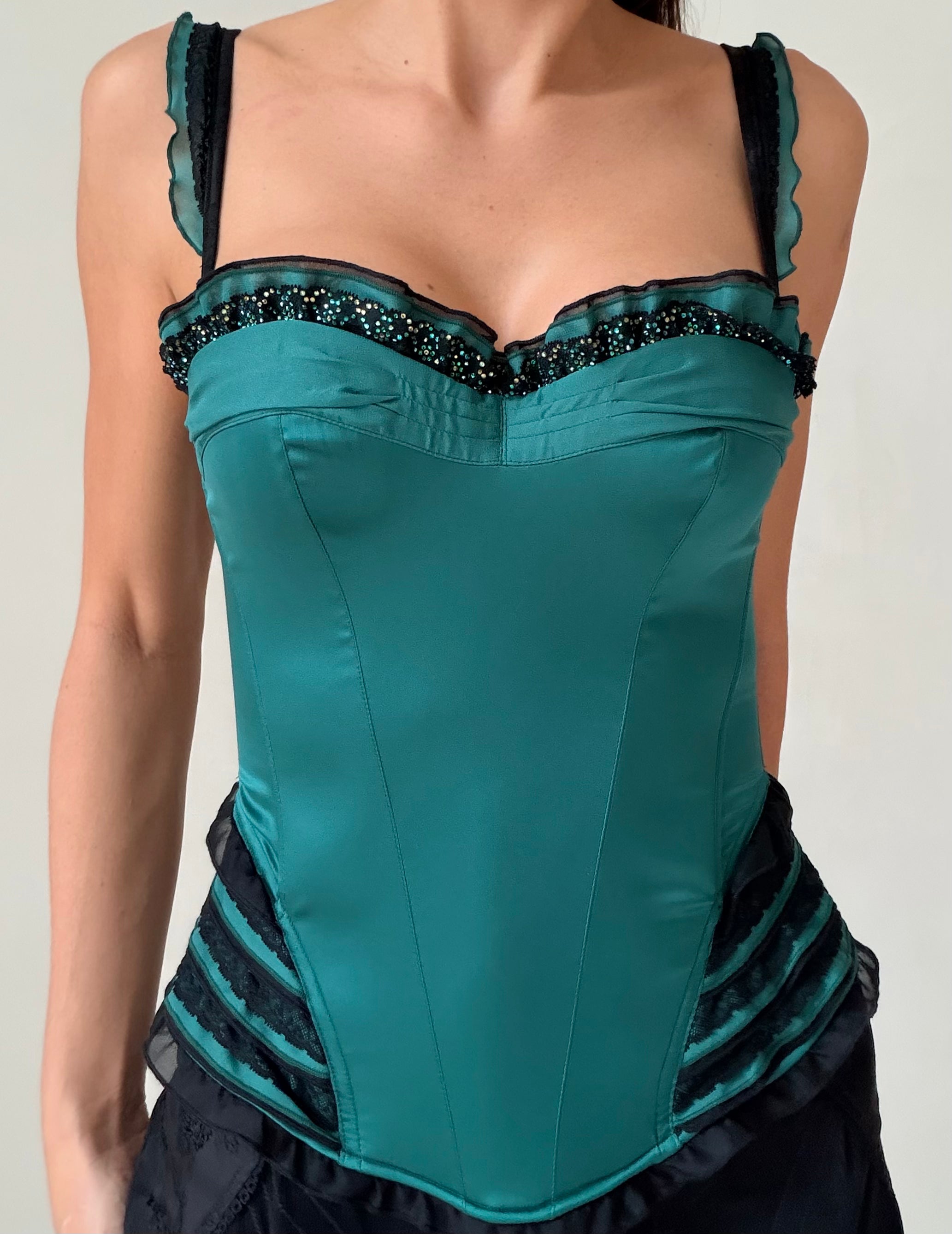 Emerald Green & Black Ruffled Corset Top