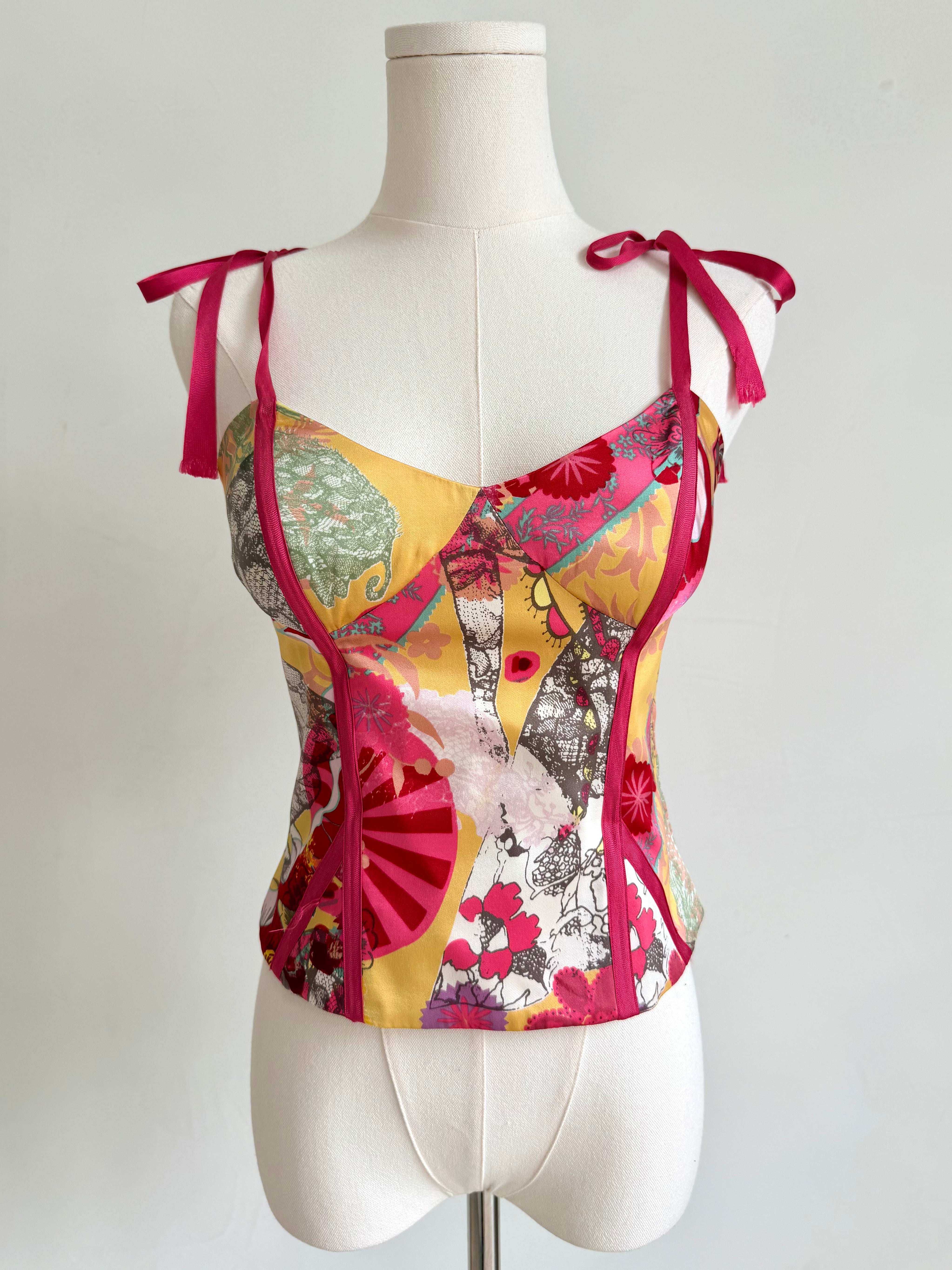Bazar Pink & Yellow Collage Print Ribbon Corset Top