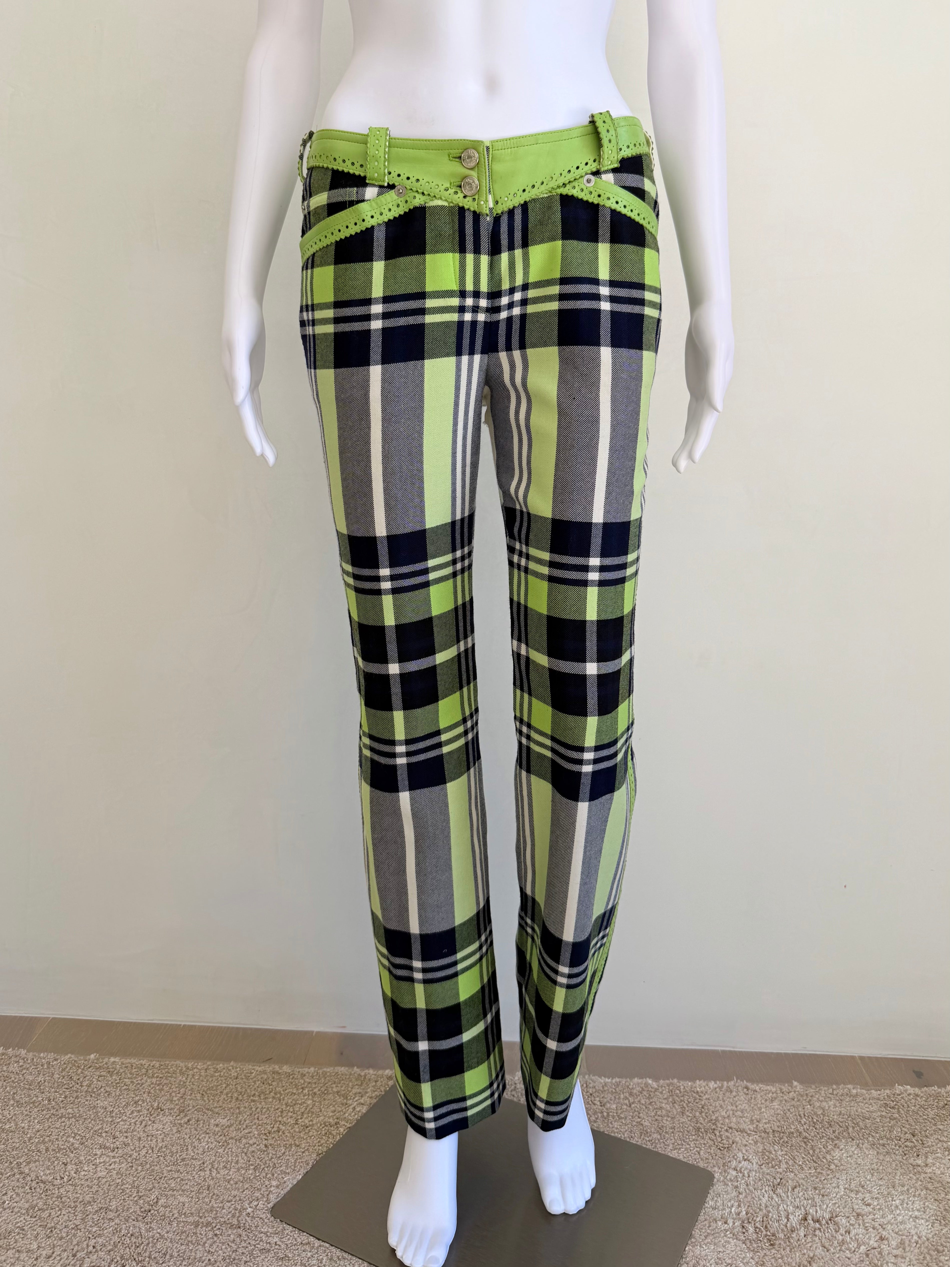 Lime Green Plaid Wool Pants with Leather Trim