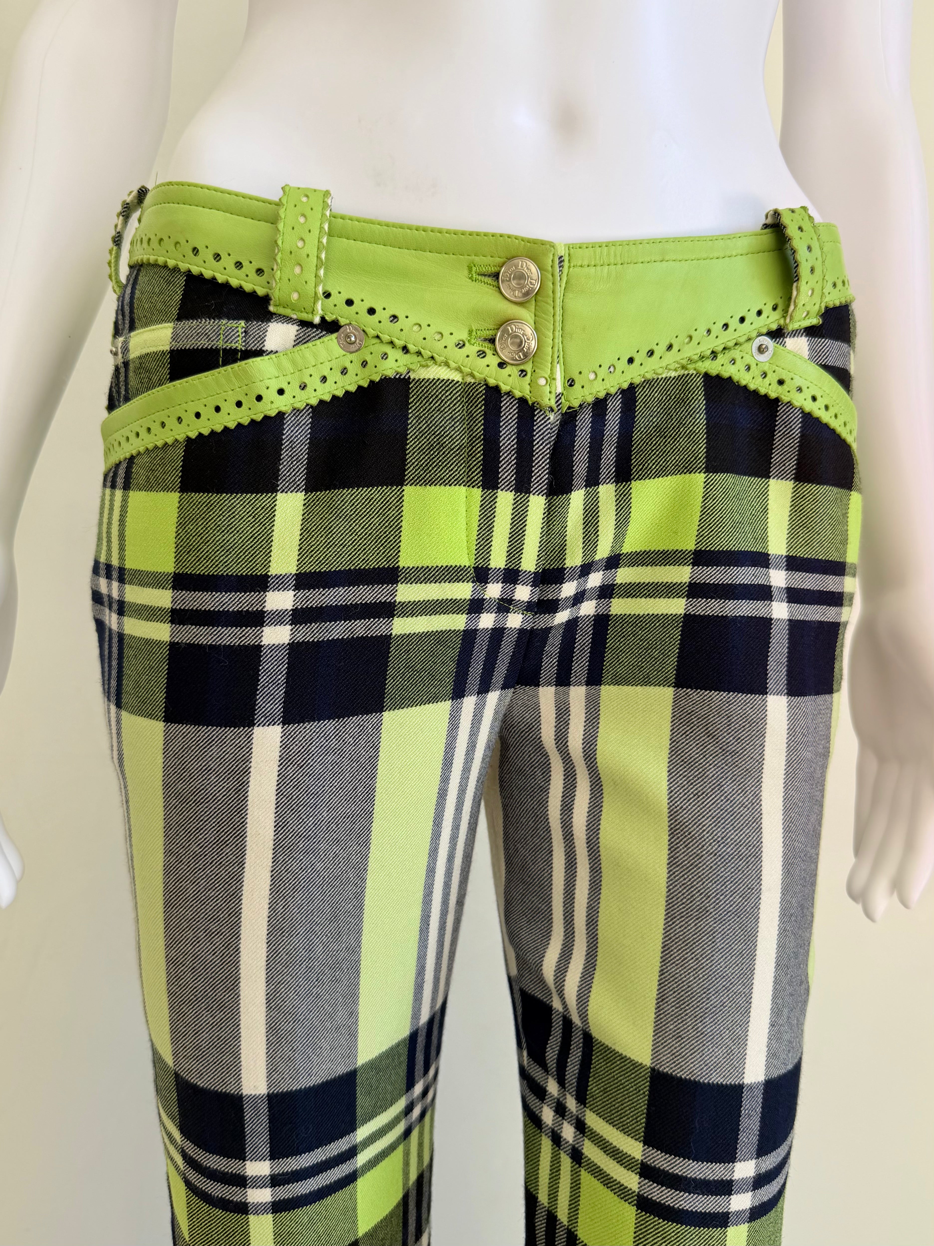 Lime Green Plaid Wool Pants with Leather Trim