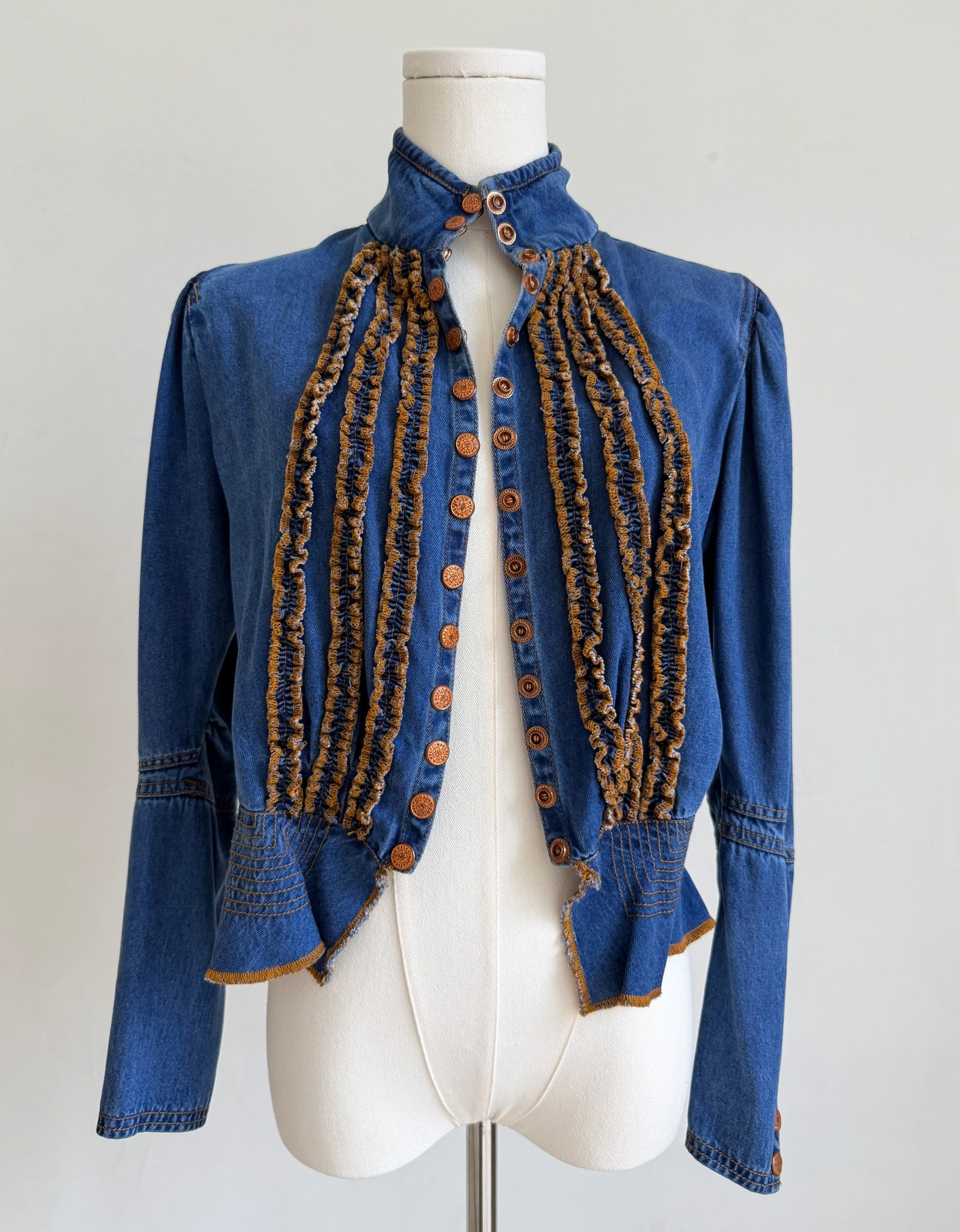 Denim Peplum Jacket with Ruffle Trim