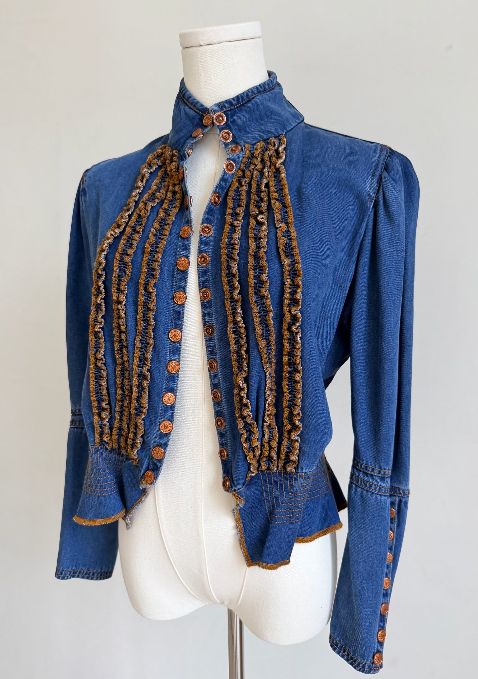 Denim Peplum Jacket with Ruffle Trim