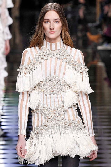 F/W 2016 White and Silver Sequin Embellished Tassel Longsleeve Dress