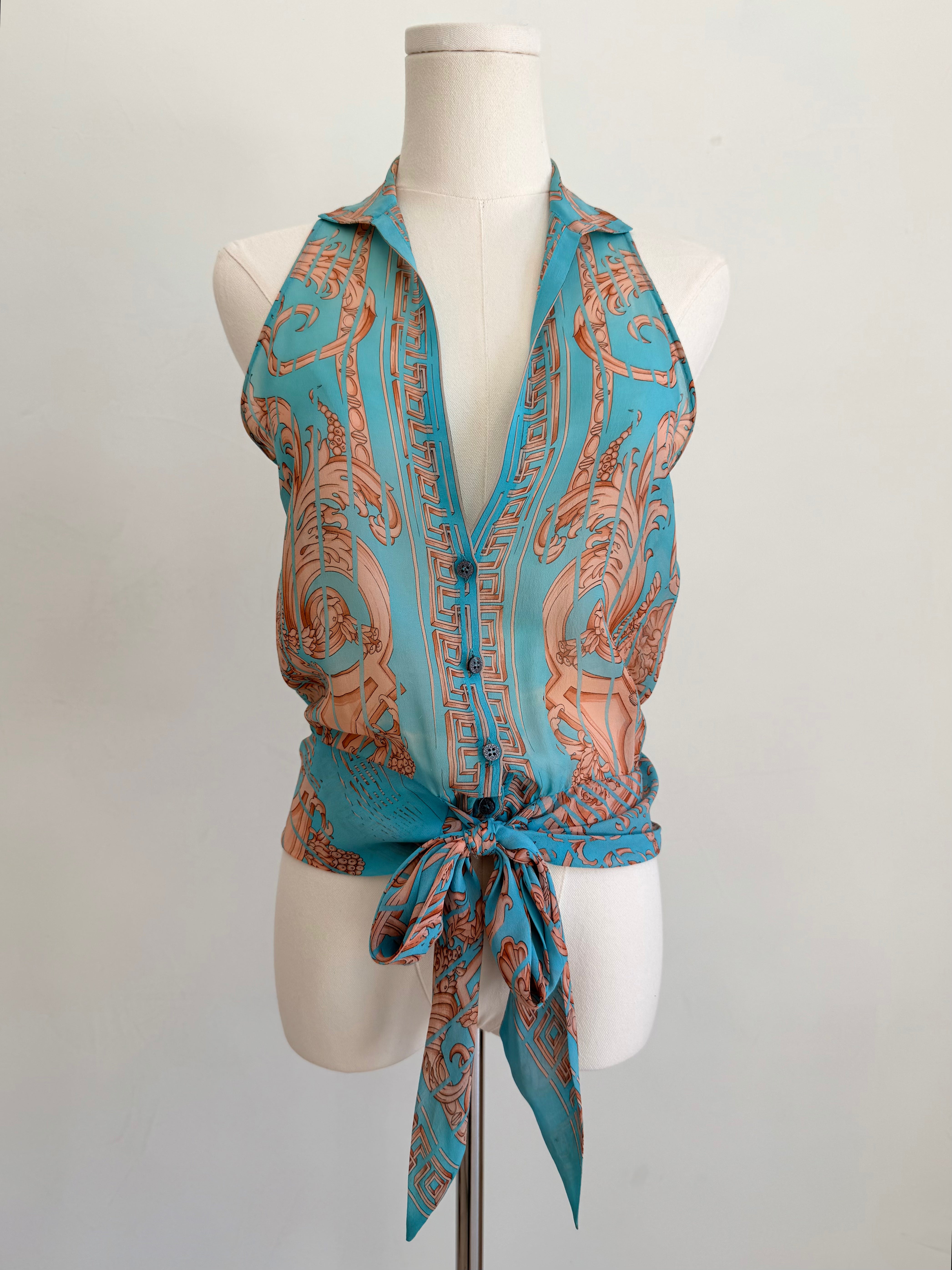 Turquoise Tie Up Sheer Top with Bronze Abstract Print