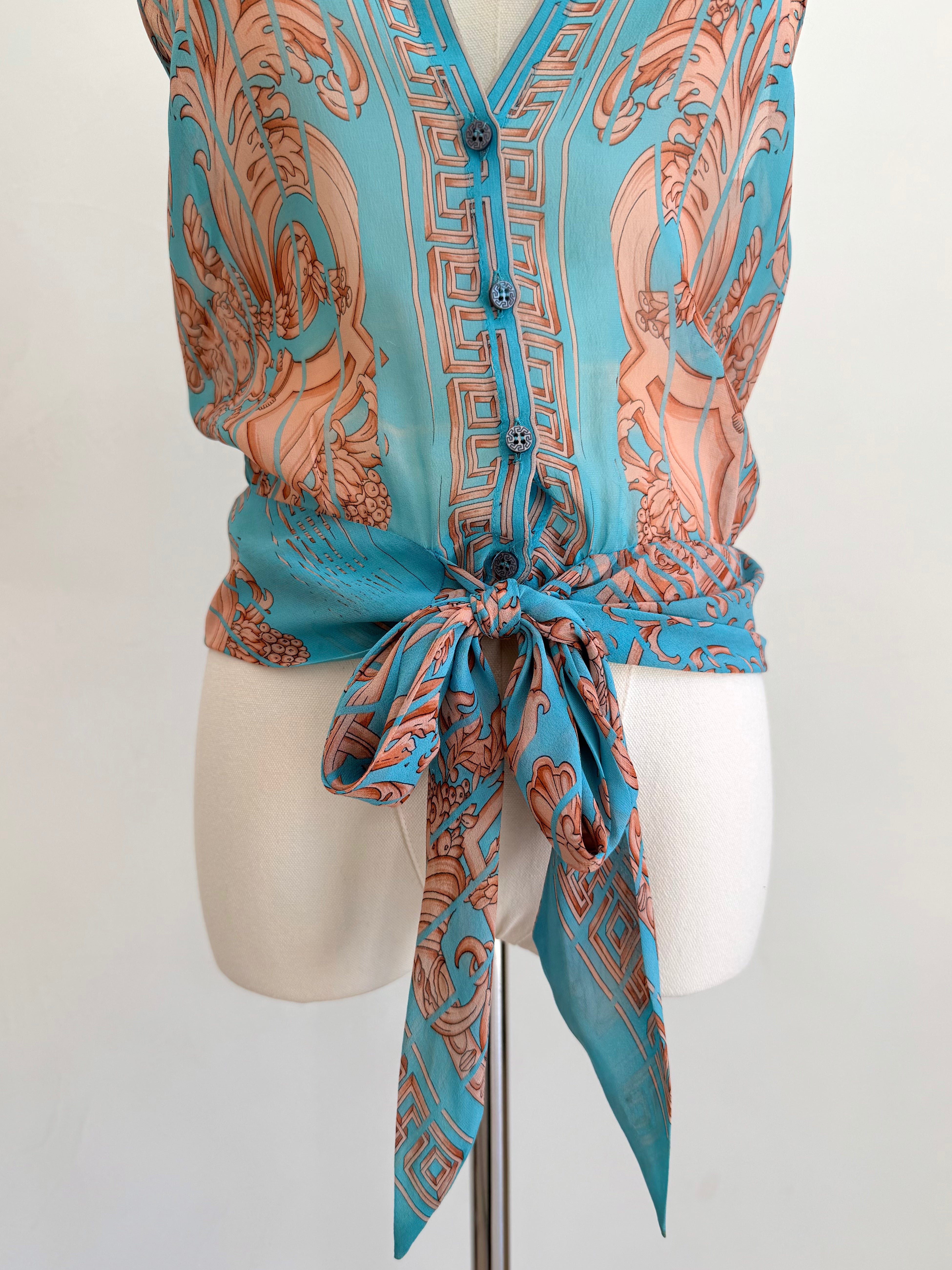 Turquoise Tie Up Sheer Top with Bronze Abstract Print