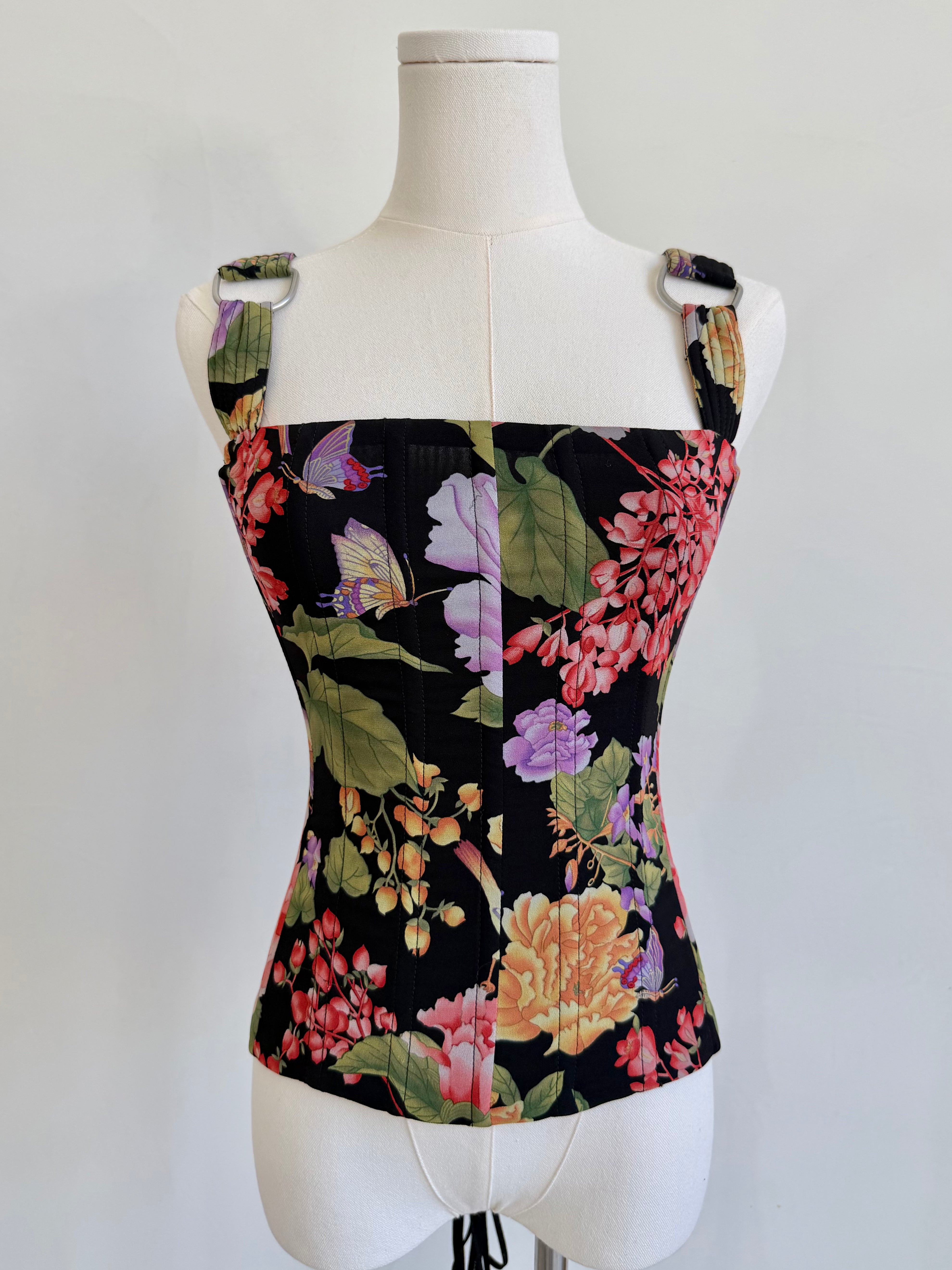 2000s Black Floral Print Lace Up Corset