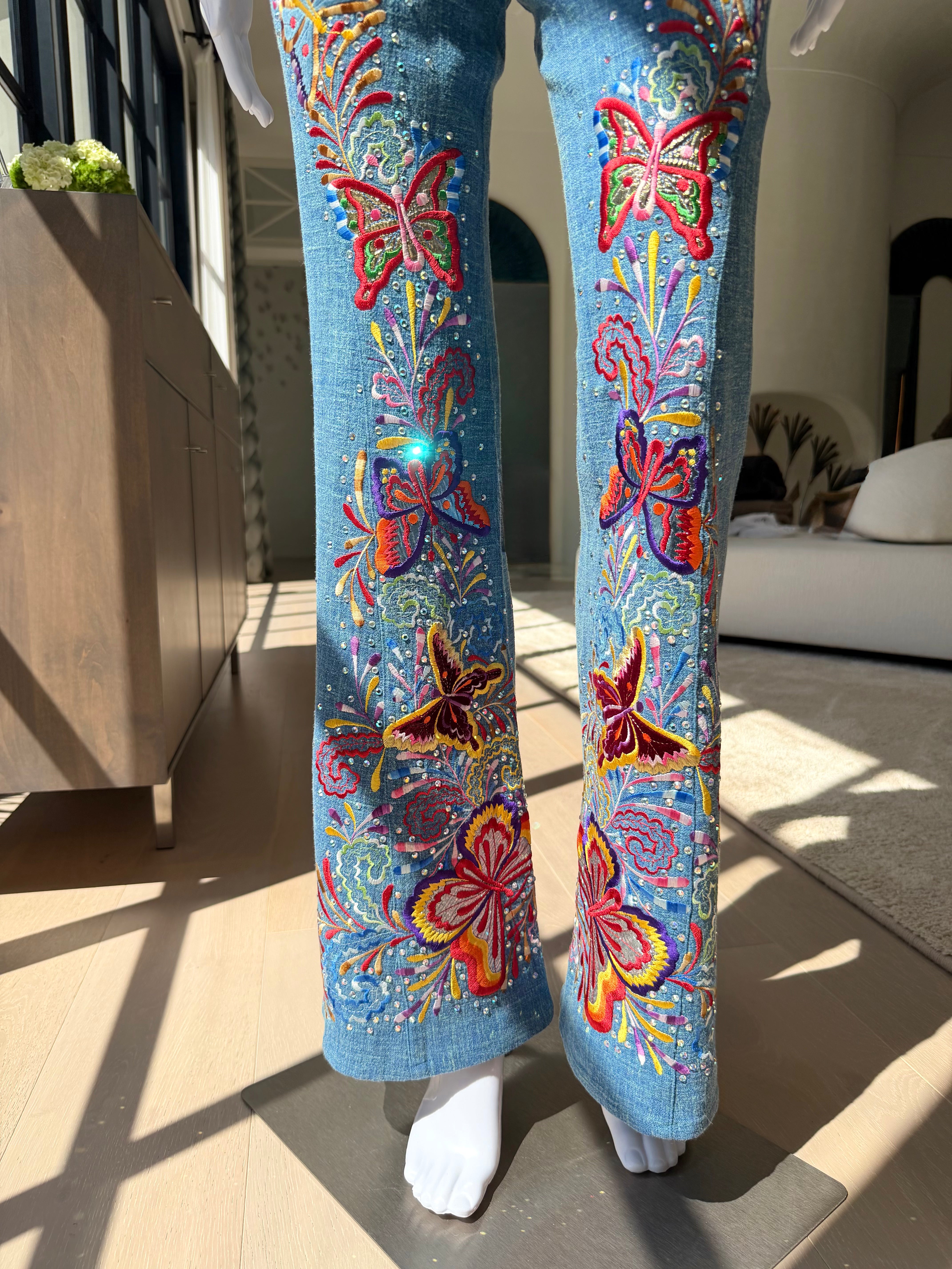 S/S 2003 Blue Linen Butterfly Embroidered Trousers