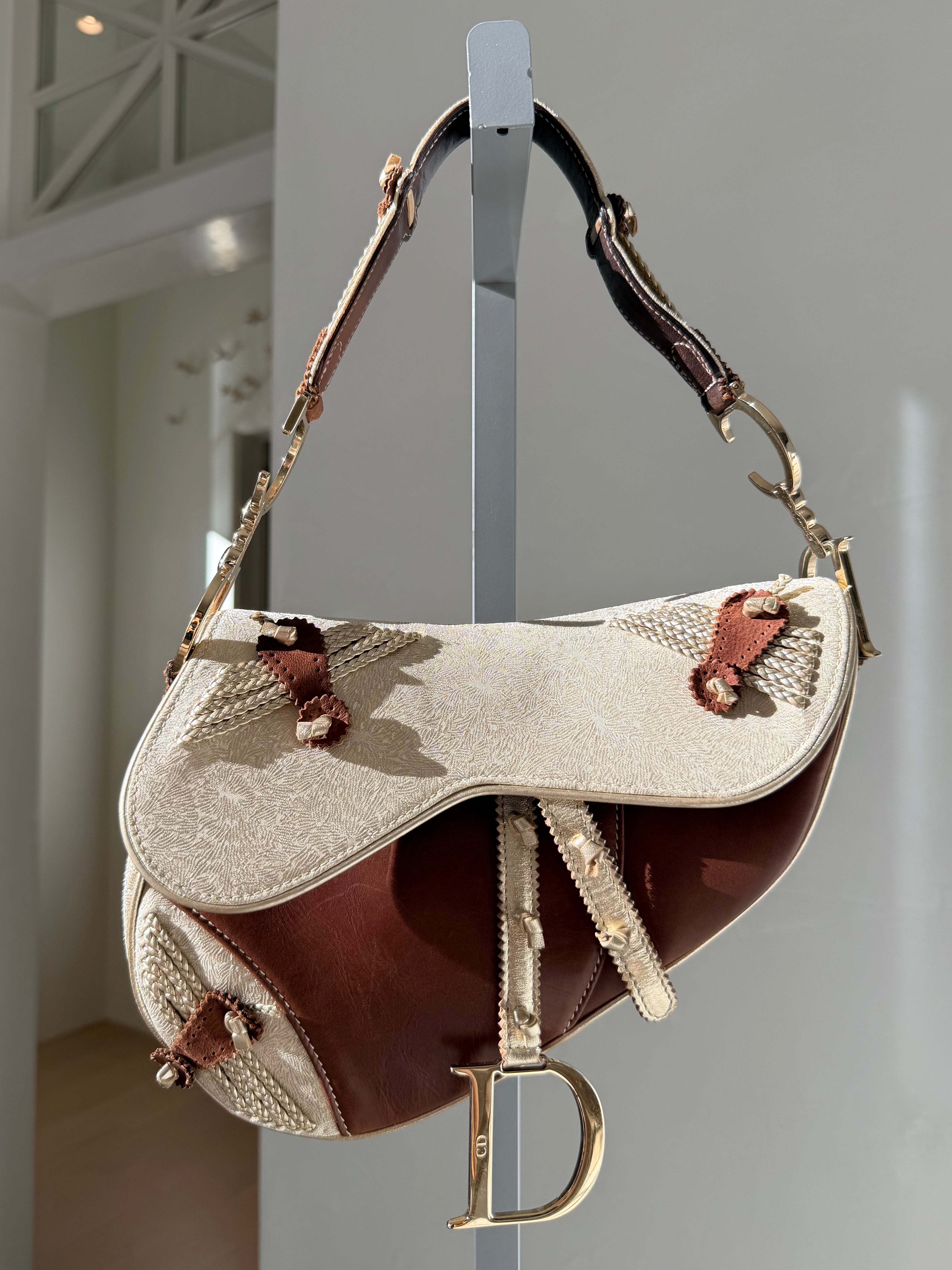 Brown & Ivory Metallic Gold Leather Saddle Bag