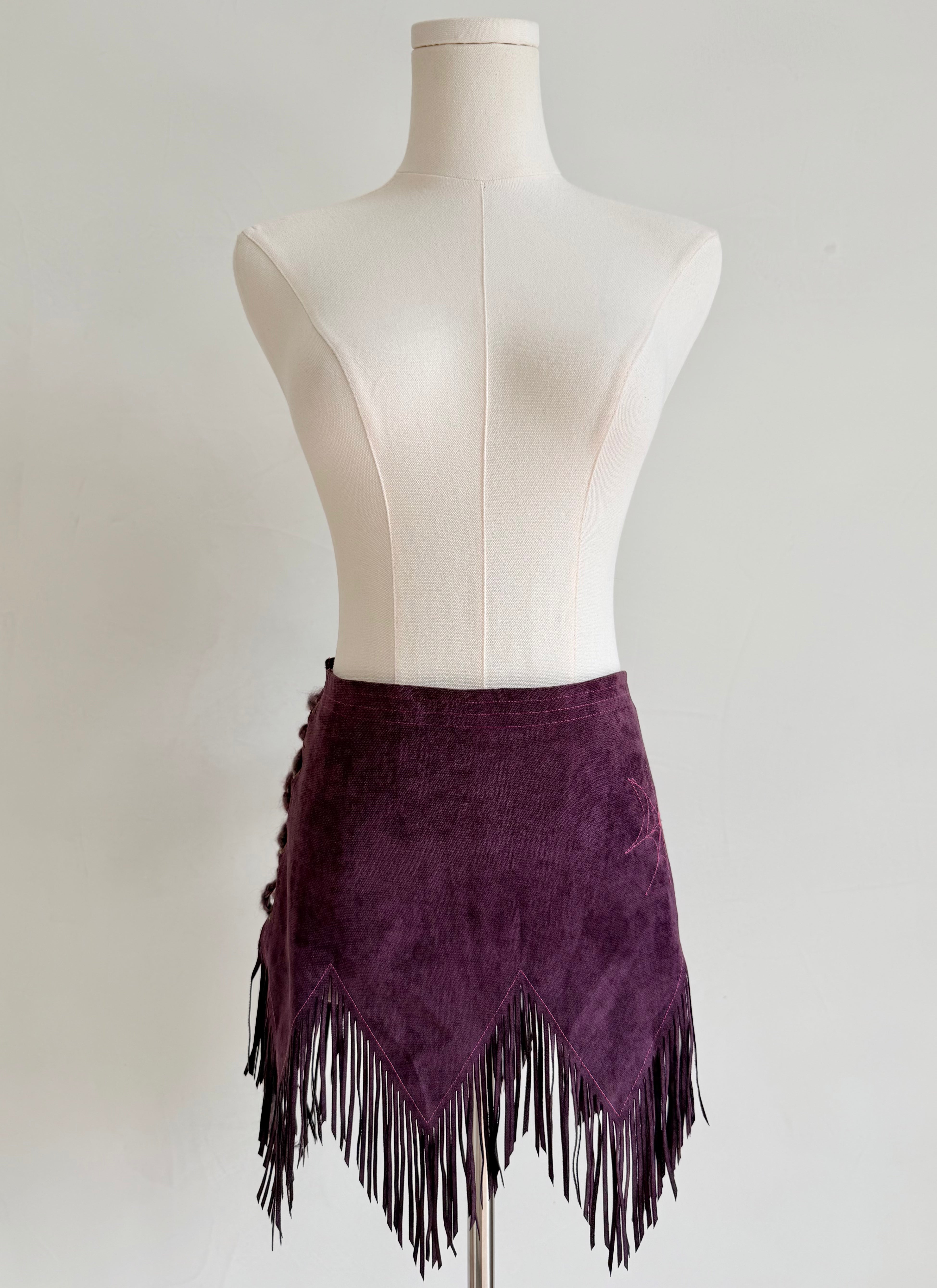 Purple Suede Spiderweb Fringe Mini Skirt