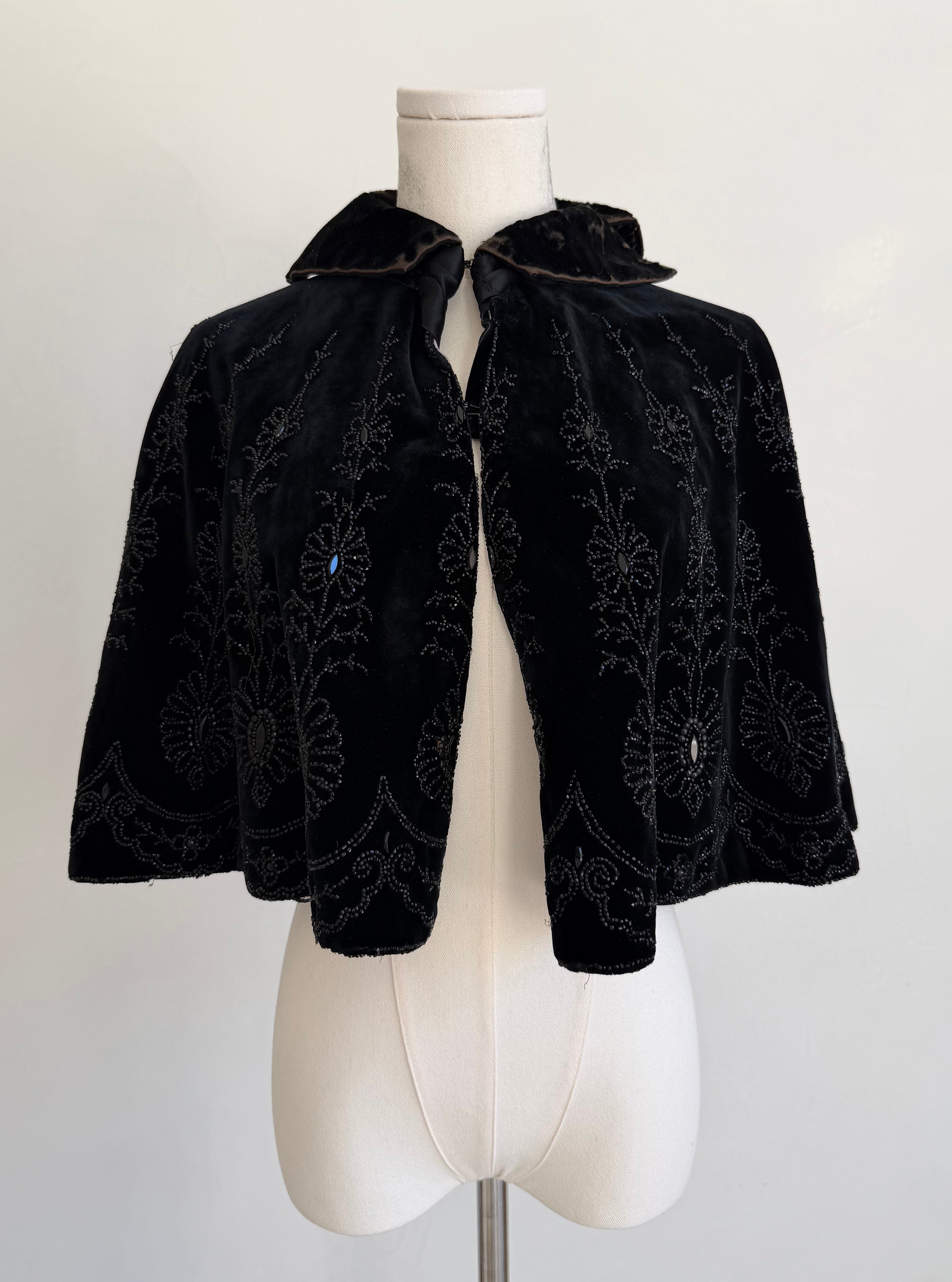 Edwardian Black Velvet Capelet with Bead Embellishment