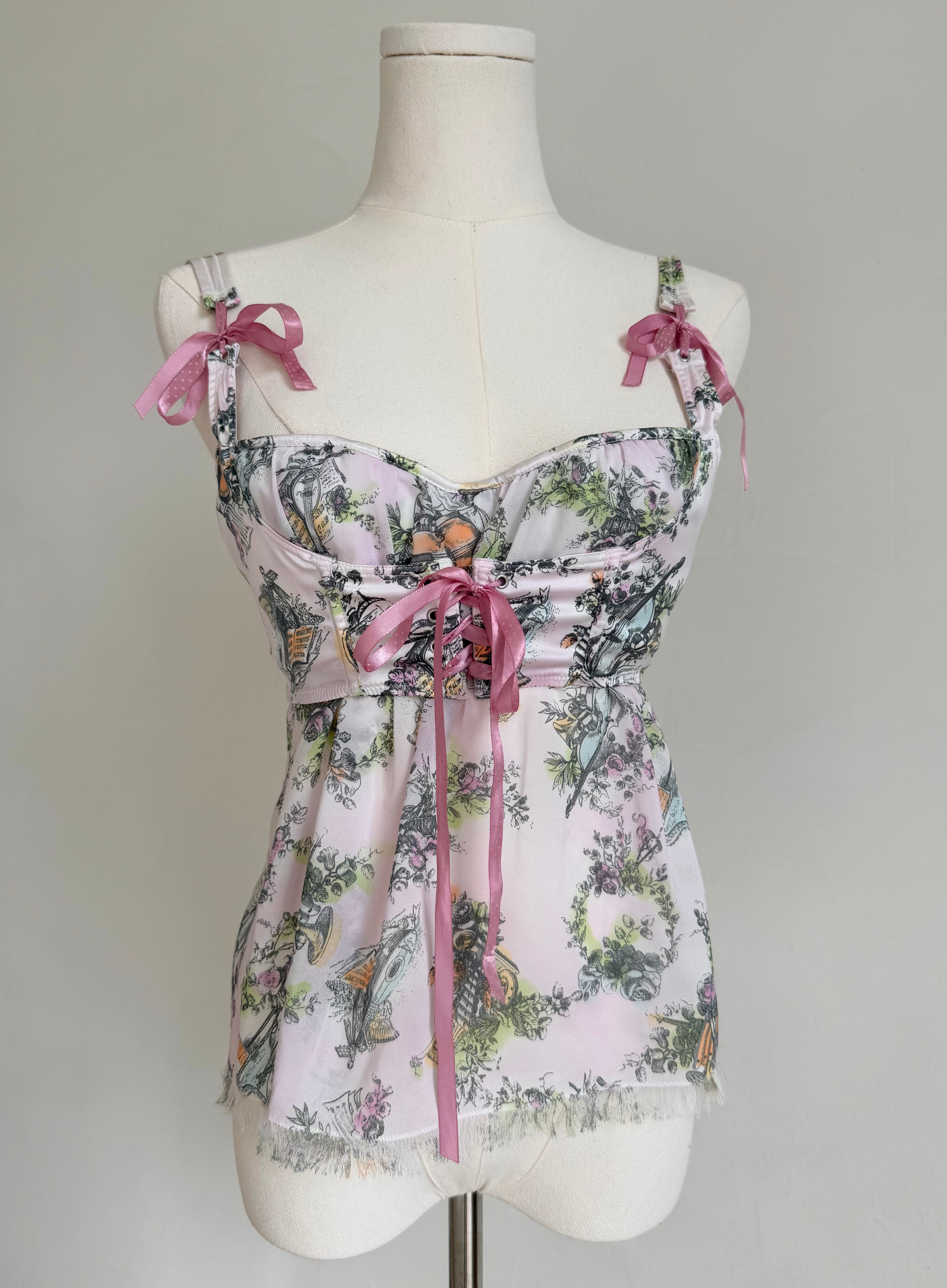 Lavender Sheer “Boudoir Toile” Ribbon Corset Top