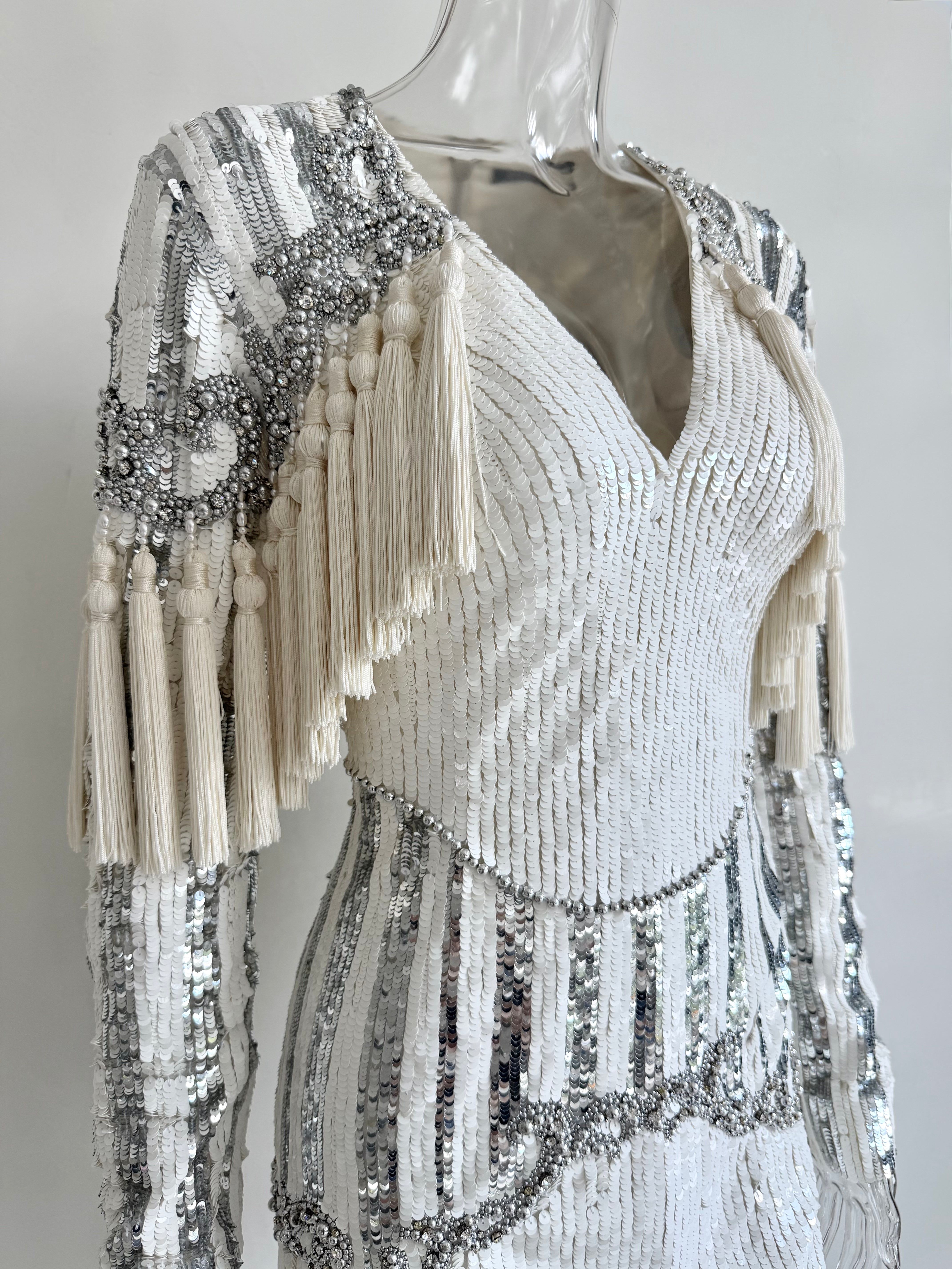 F/W 2016 White and Silver Sequin Embellished Tassel Longsleeve Dress