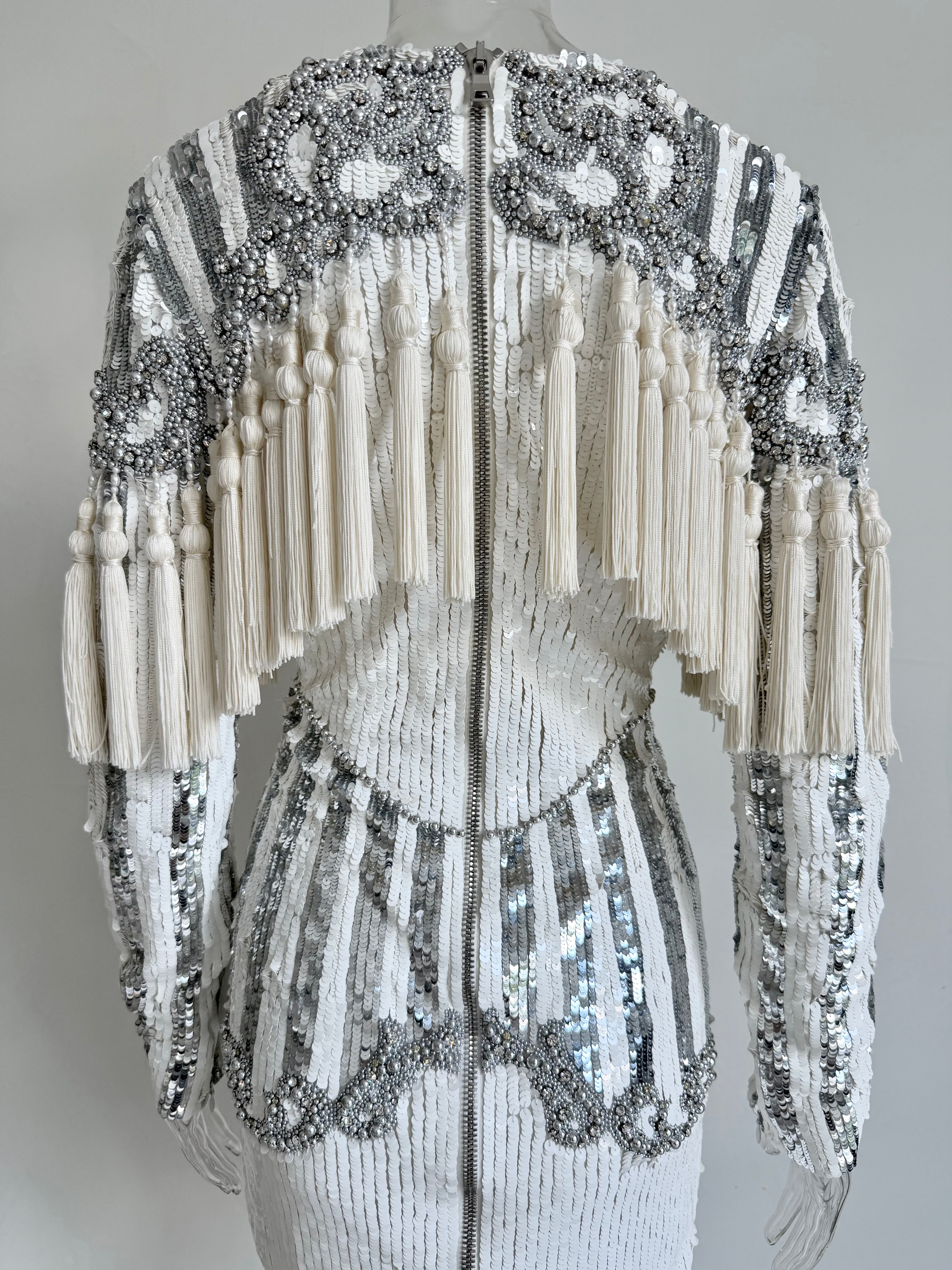 F/W 2016 White and Silver Sequin Embellished Tassel Longsleeve Dress