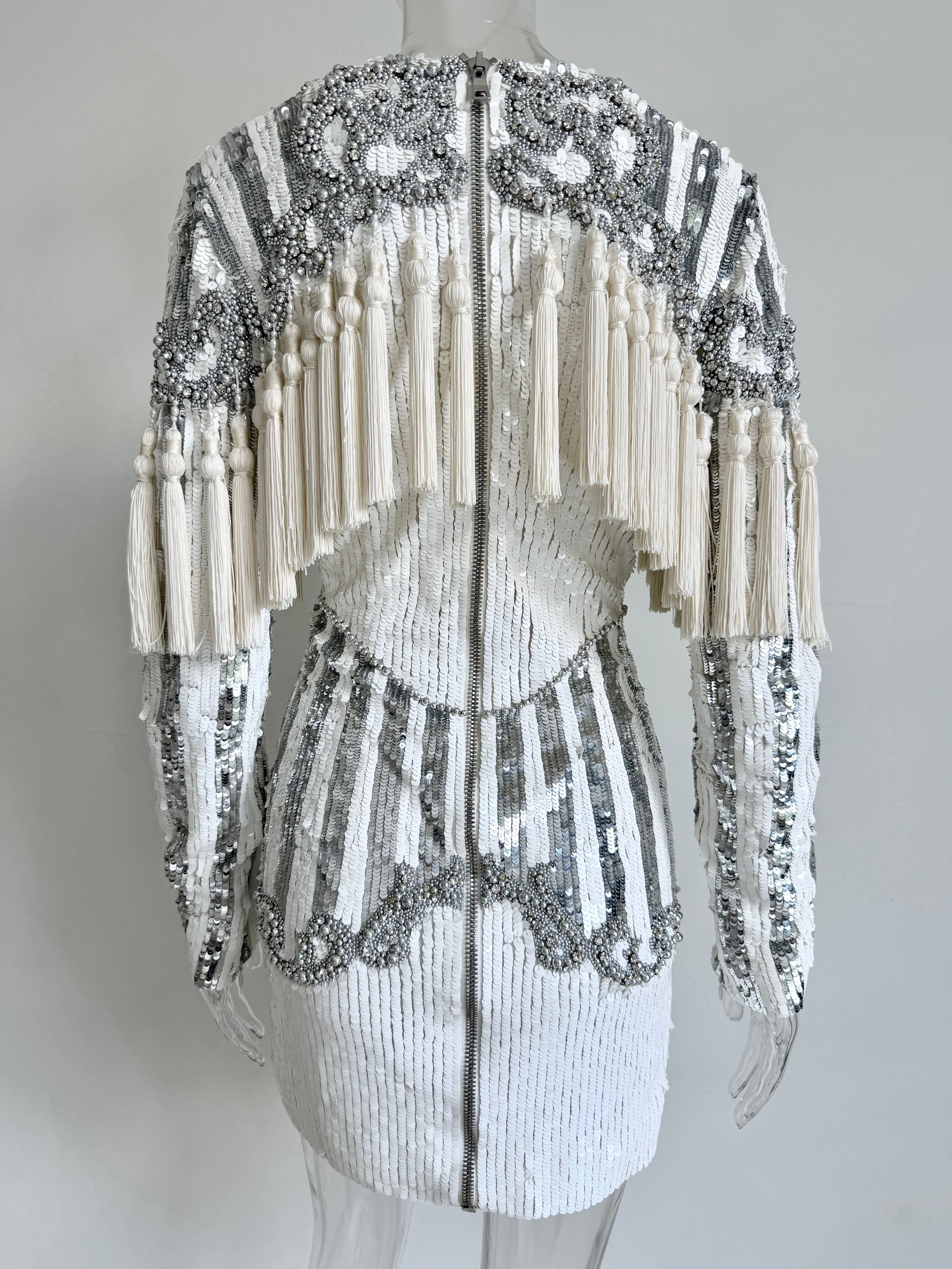 F/W 2016 White and Silver Sequin Embellished Tassel Longsleeve Dress