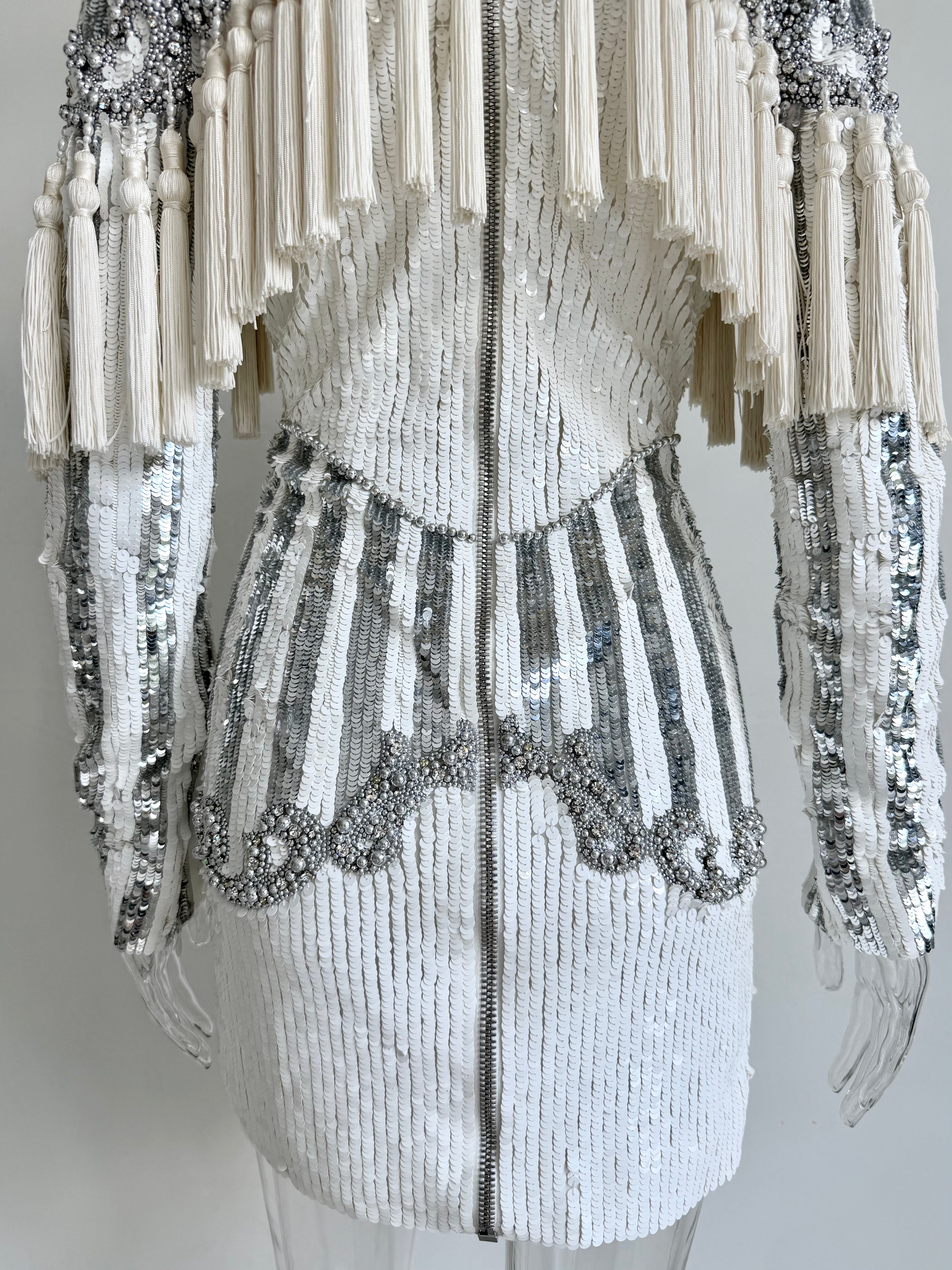 F/W 2016 White and Silver Sequin Embellished Tassel Longsleeve Dress