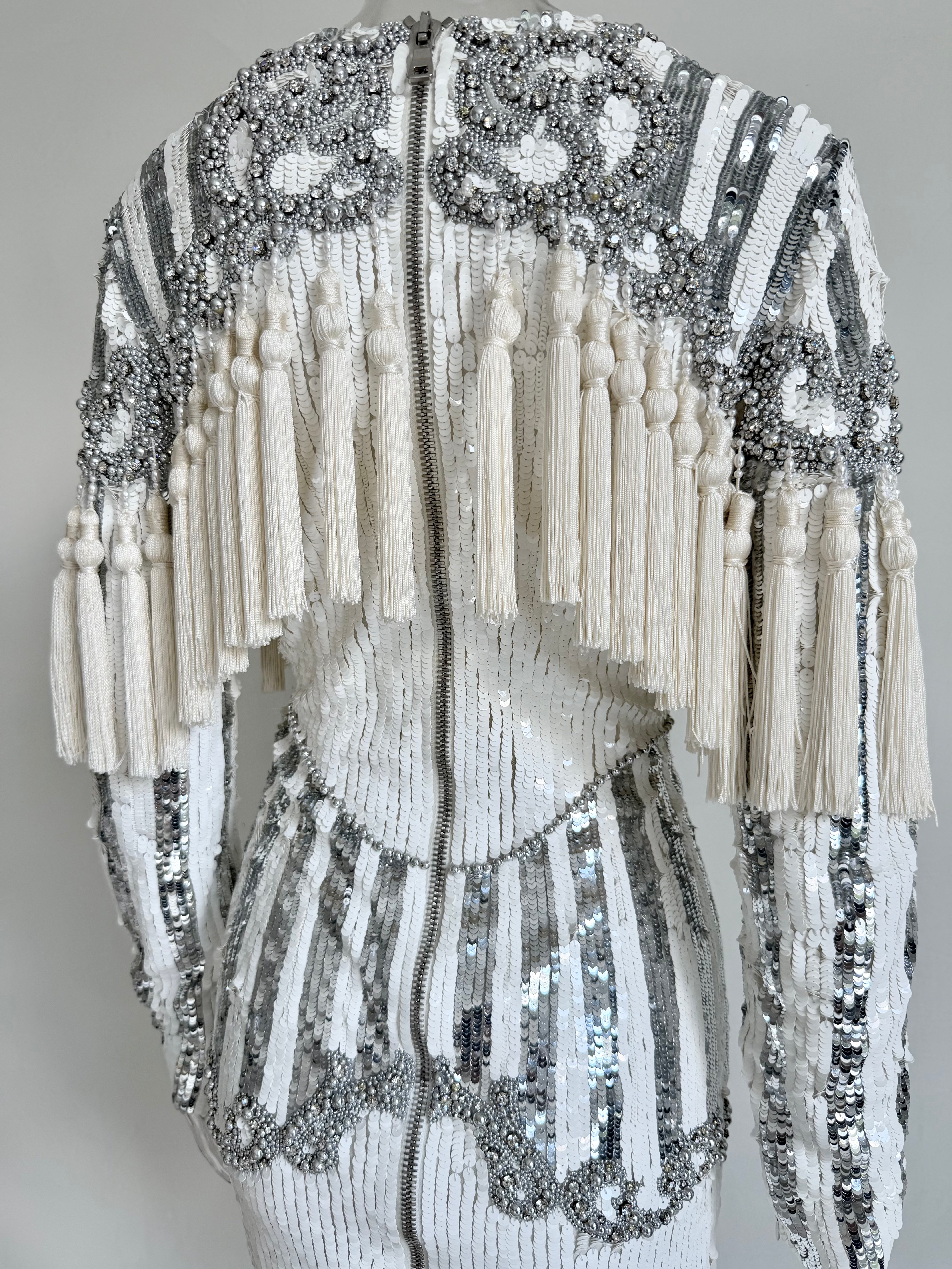 F/W 2016 White and Silver Sequin Embellished Tassel Longsleeve Dress