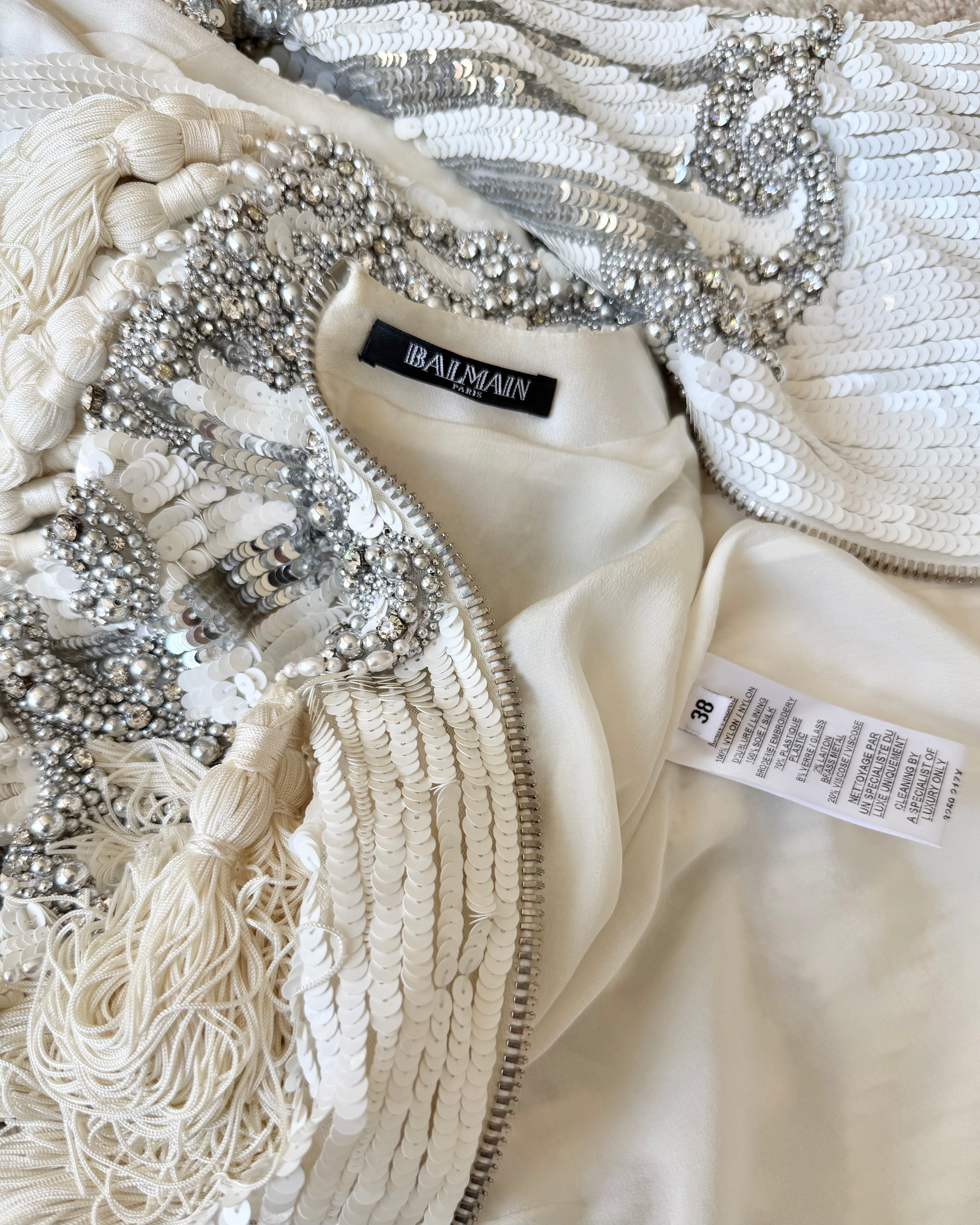 F/W 2016 White and Silver Sequin Embellished Tassel Longsleeve Dress