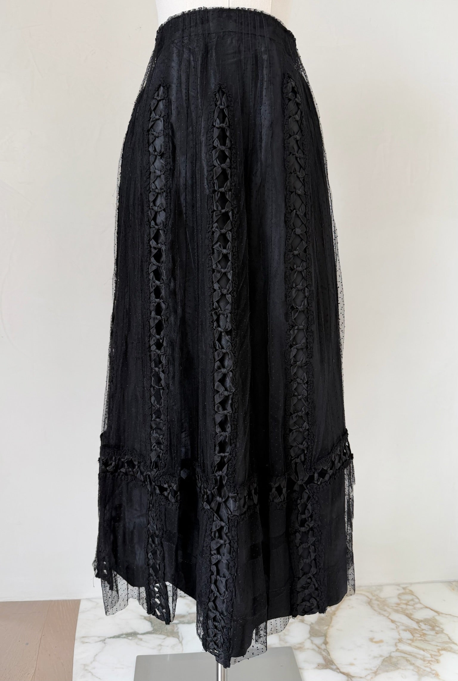 Edwardian Black Satin & Swiss Dot Tulle Skirt with Ribbon Bow Accents