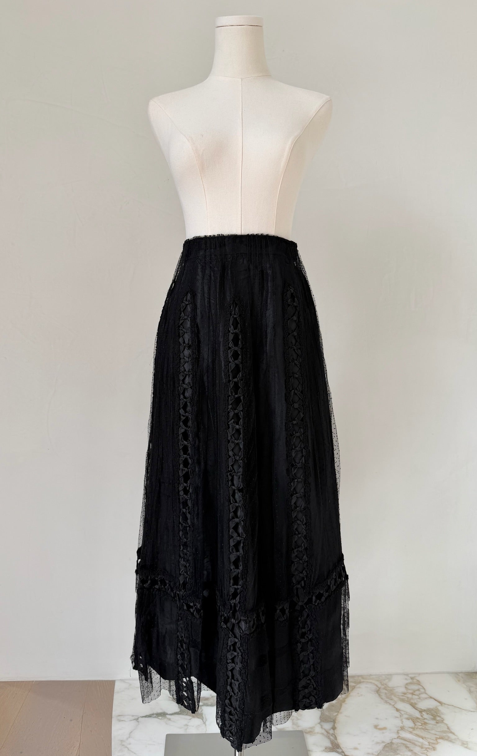 Edwardian Black Satin & Swiss Dot Tulle Skirt with Ribbon Bow Accents