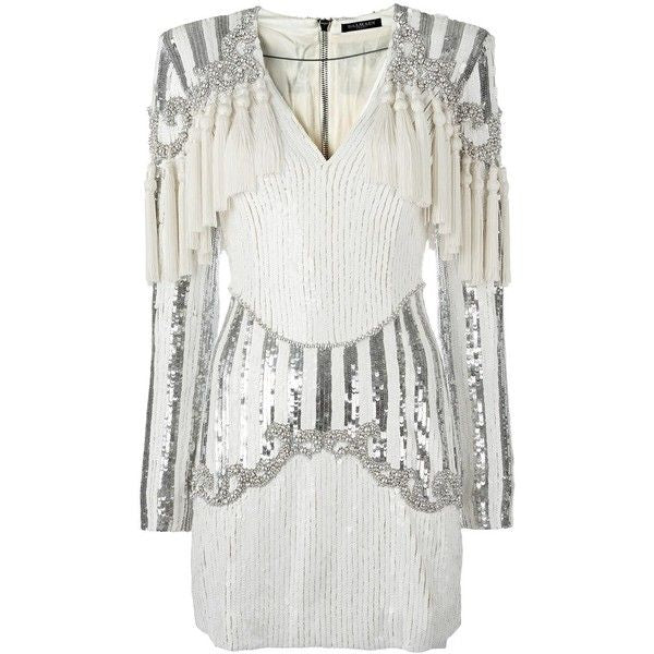 F/W 2016 White and Silver Sequin Embellished Tassel Longsleeve Dress