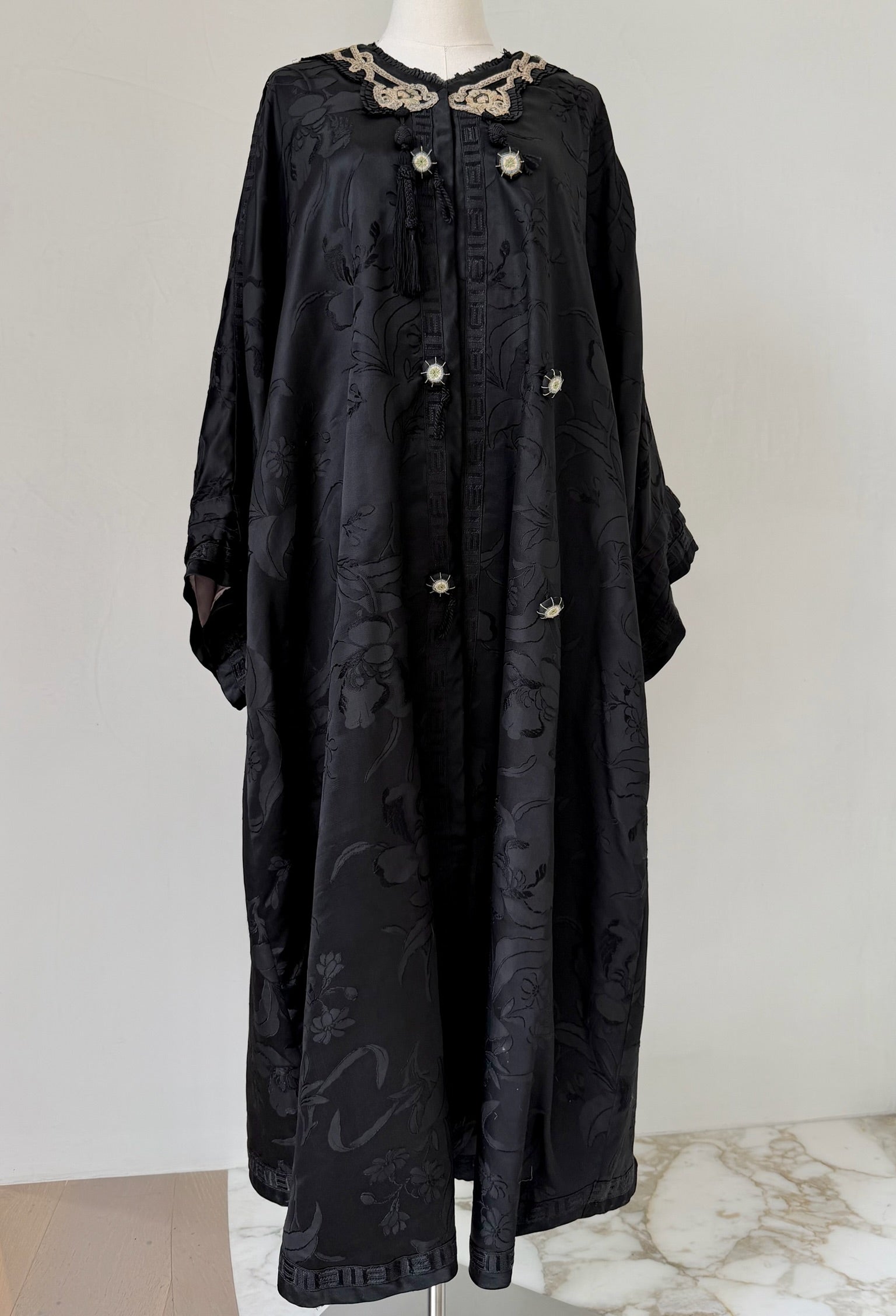 Embroidered Edwardian Black Silk Brocade Robe