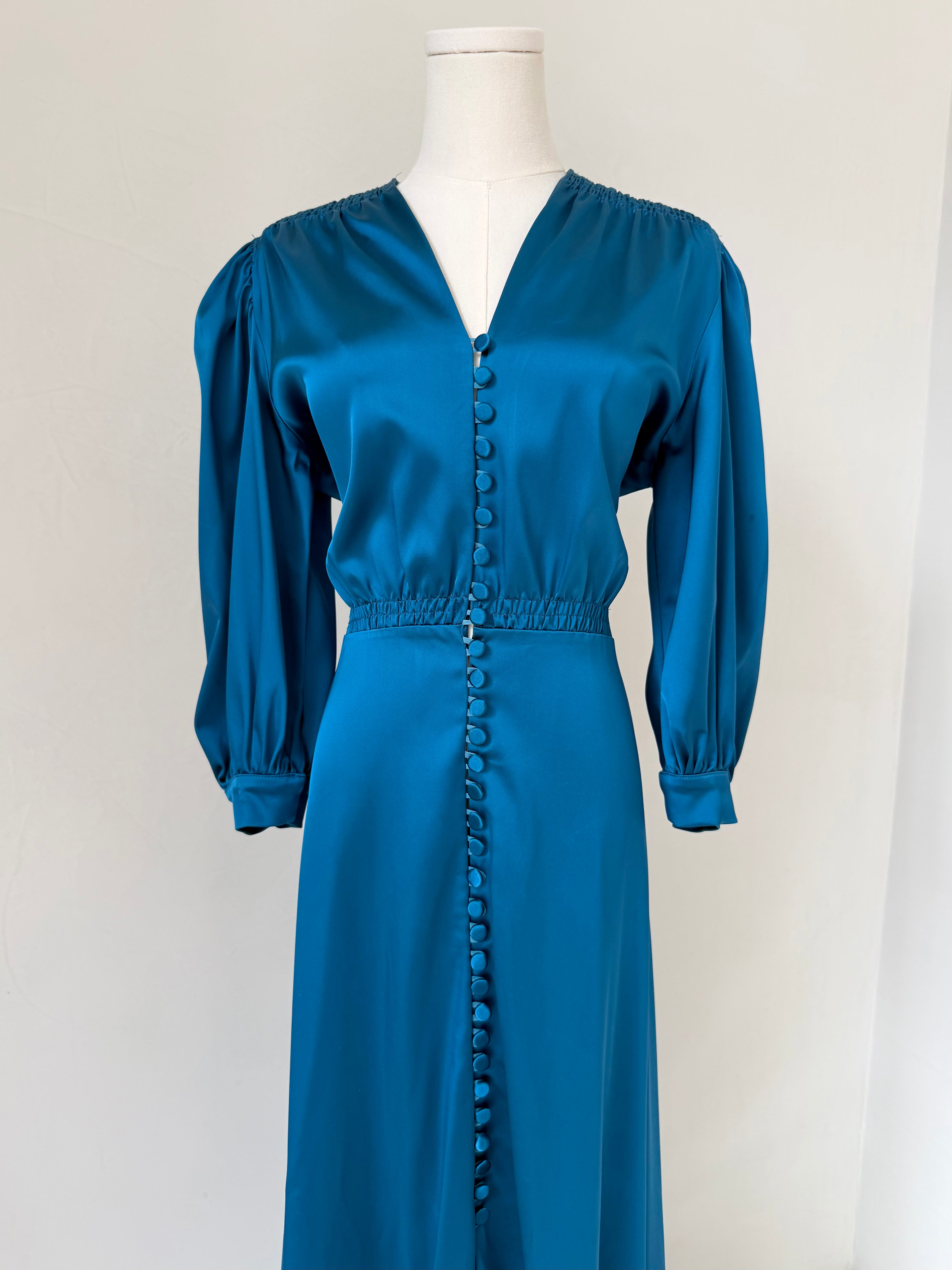 Teal Smocked Shoulder Button Down Dress