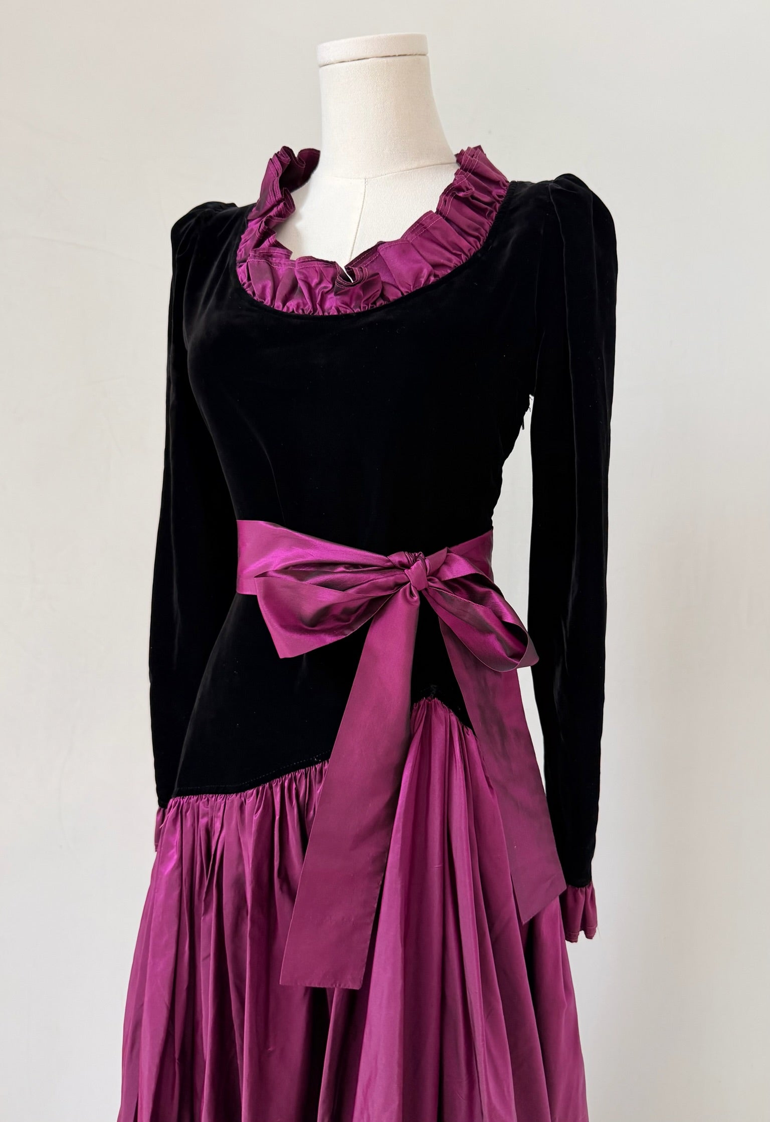 F/W 1982 Black Wool & Burgundy Silk Tie-Neck Dress