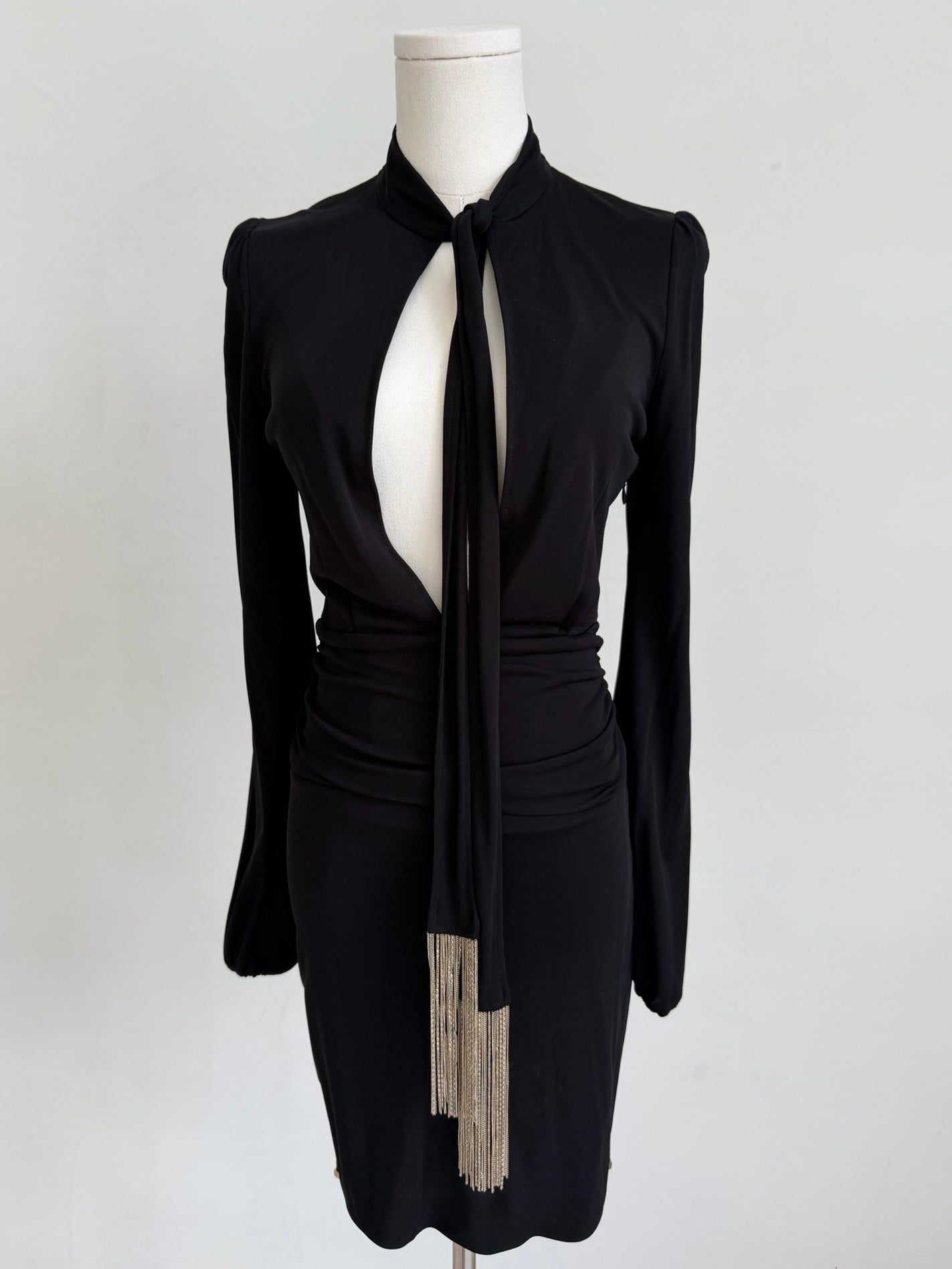 NWT F/W 2006 Black Long Sleeve Mini Dress with Fringe Embellishments