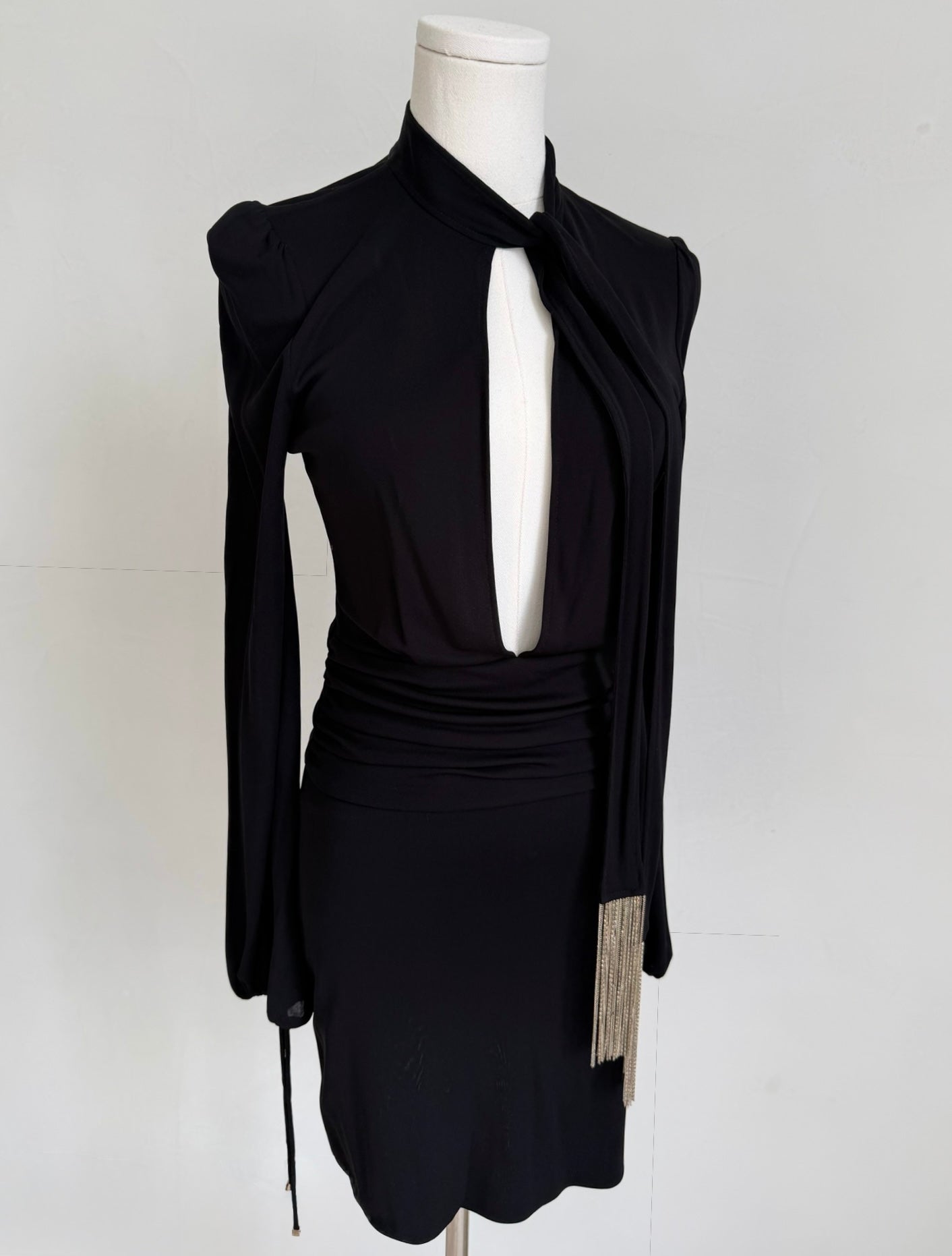 NWT F/W 2006 Black Long Sleeve Mini Dress with Fringe Embellishments
