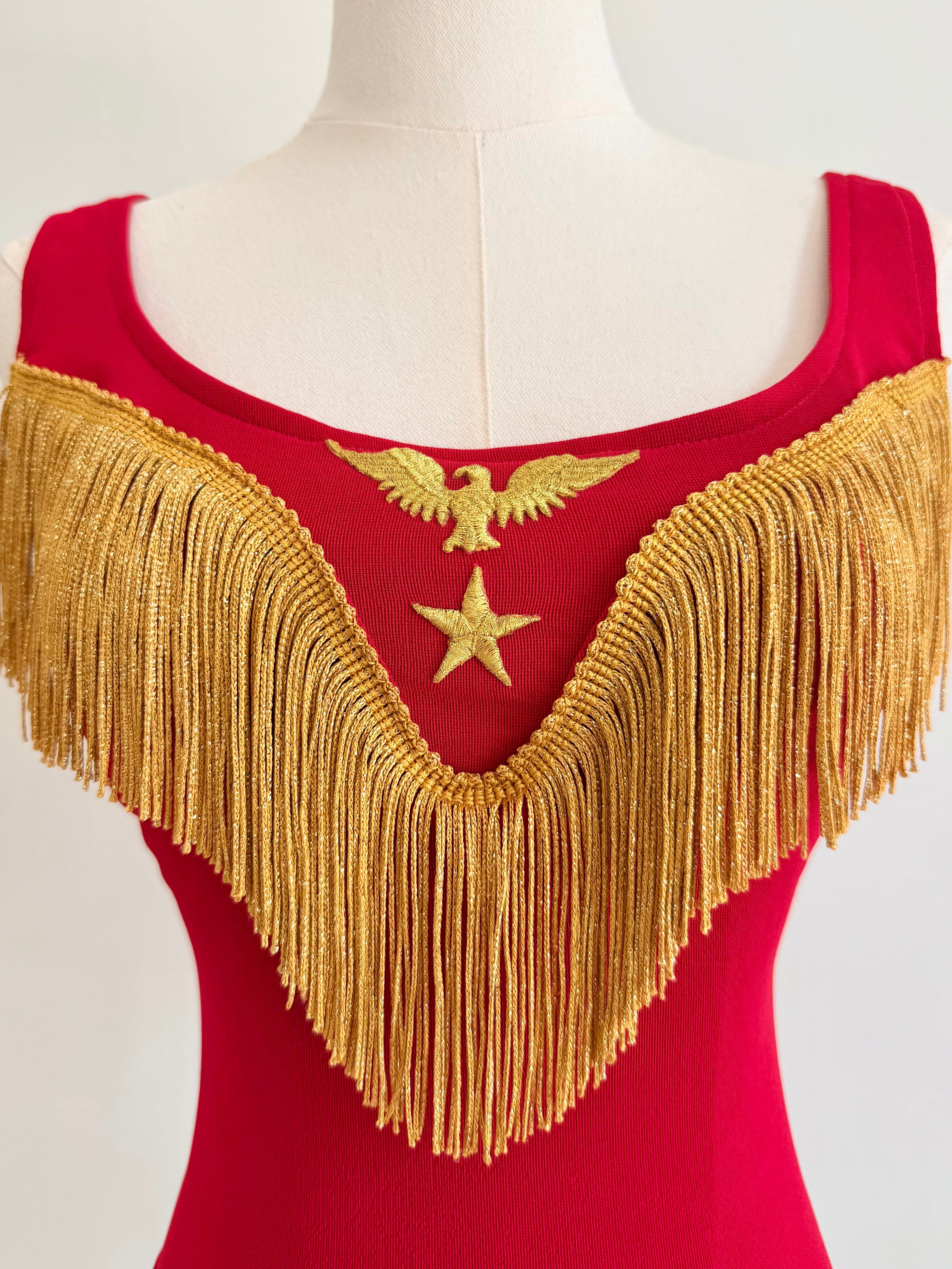 1990s Red Eagle Bodysuit with Gold Fringe