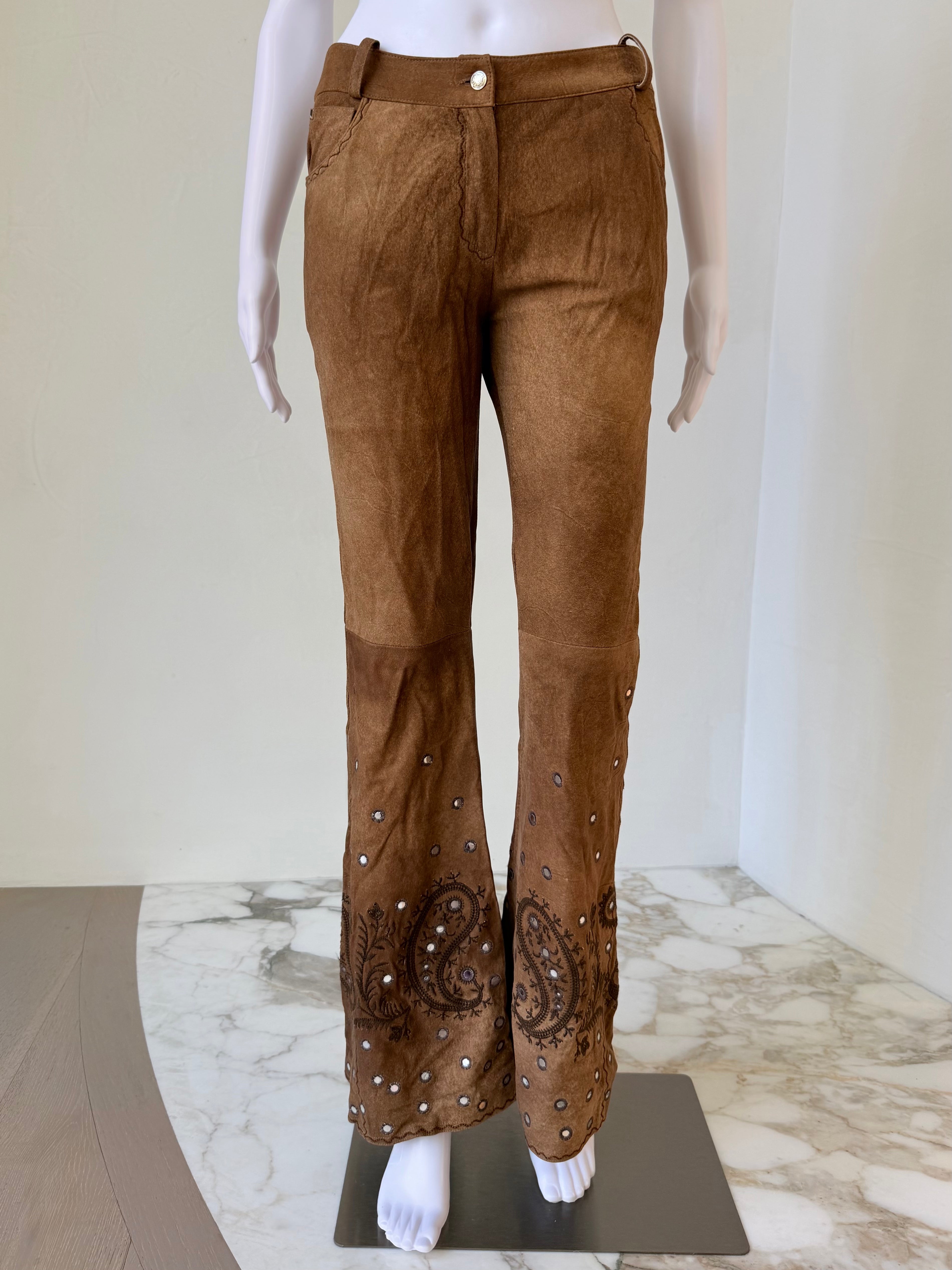 F/W 2002 Brown “Mirrored Medallion” Embellished Pants