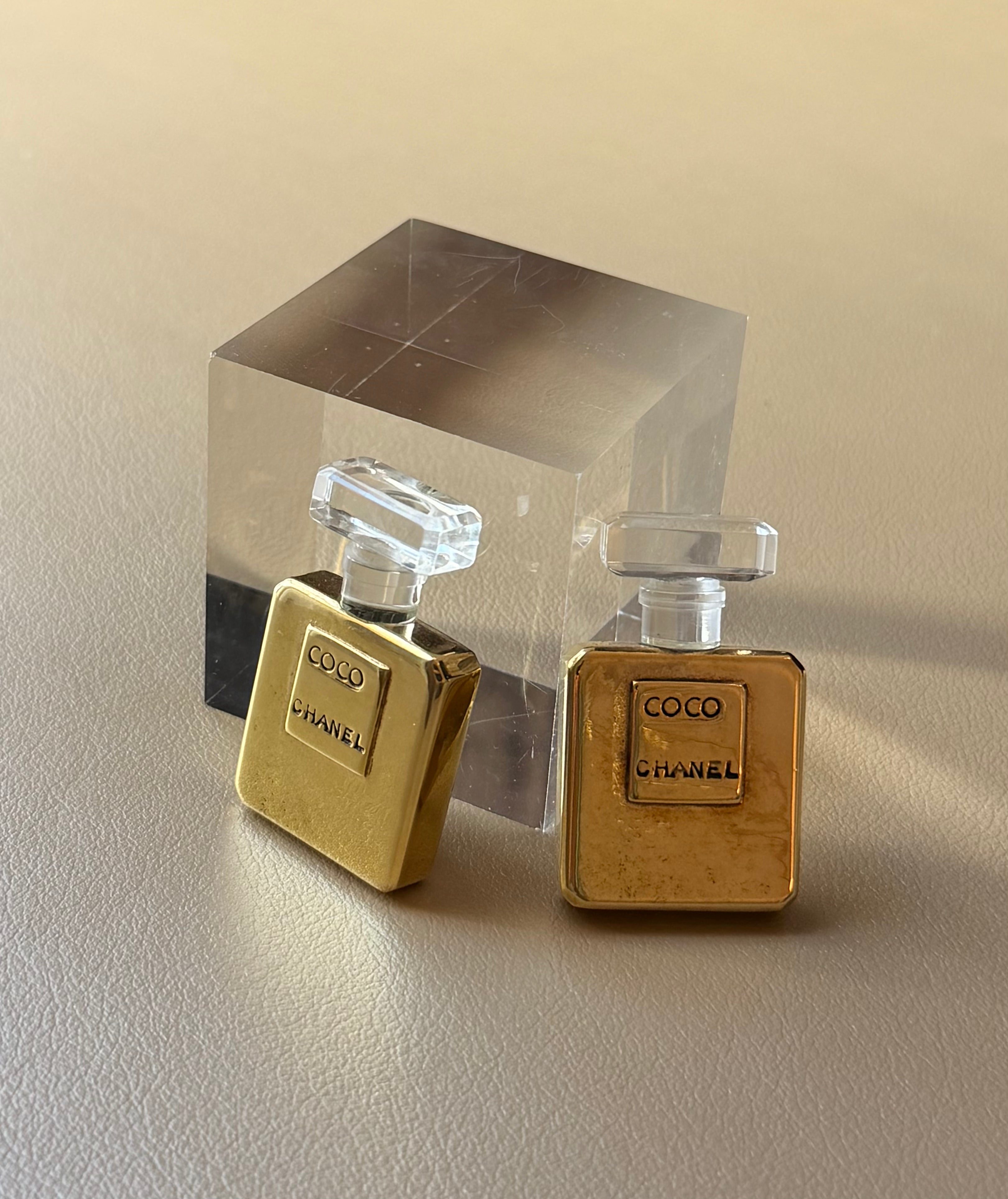1992 Gold Toned “Coco” Perfume Bottle Clip On Earrings