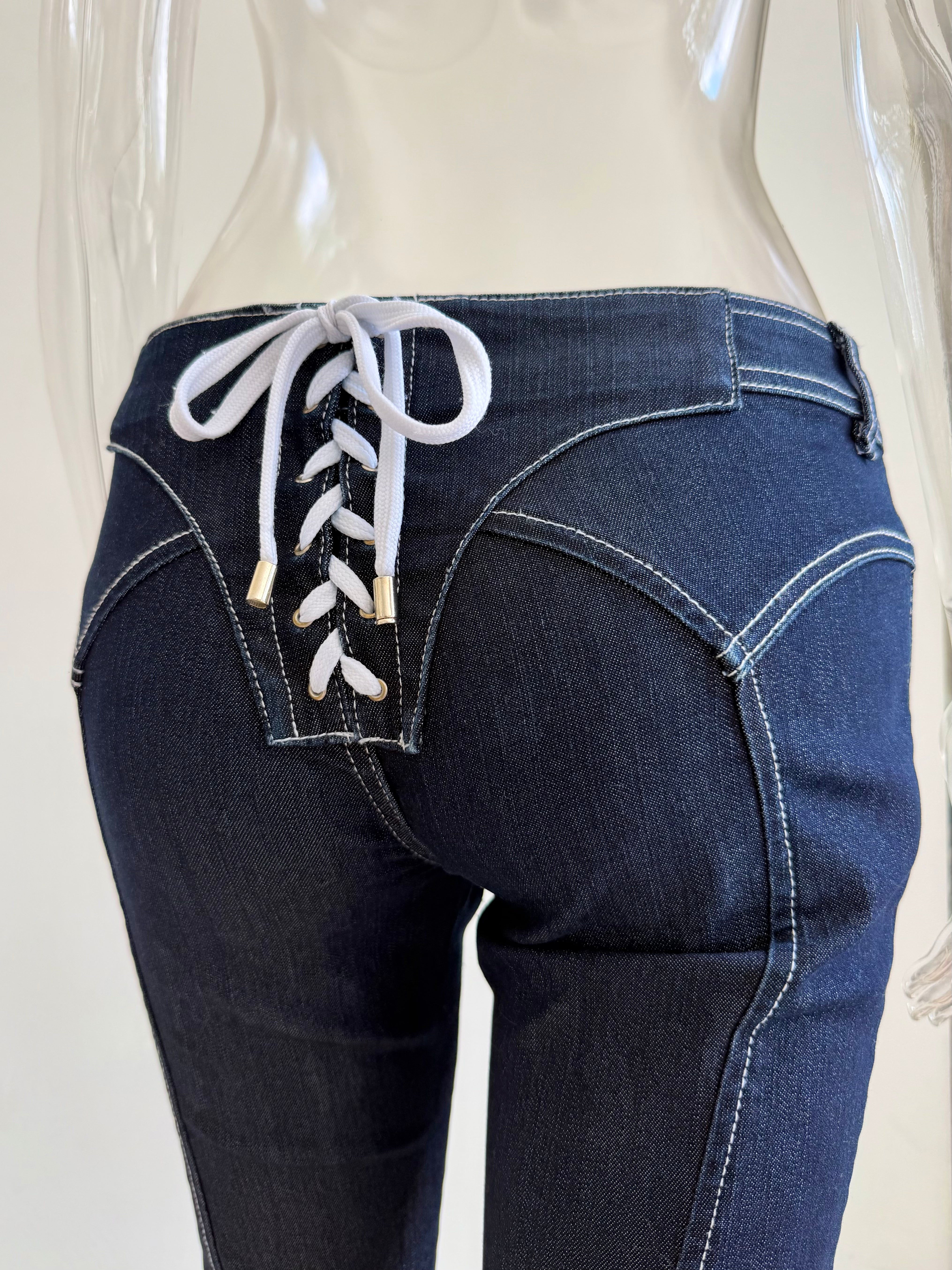 Dark Denim + White Lace Up Pants