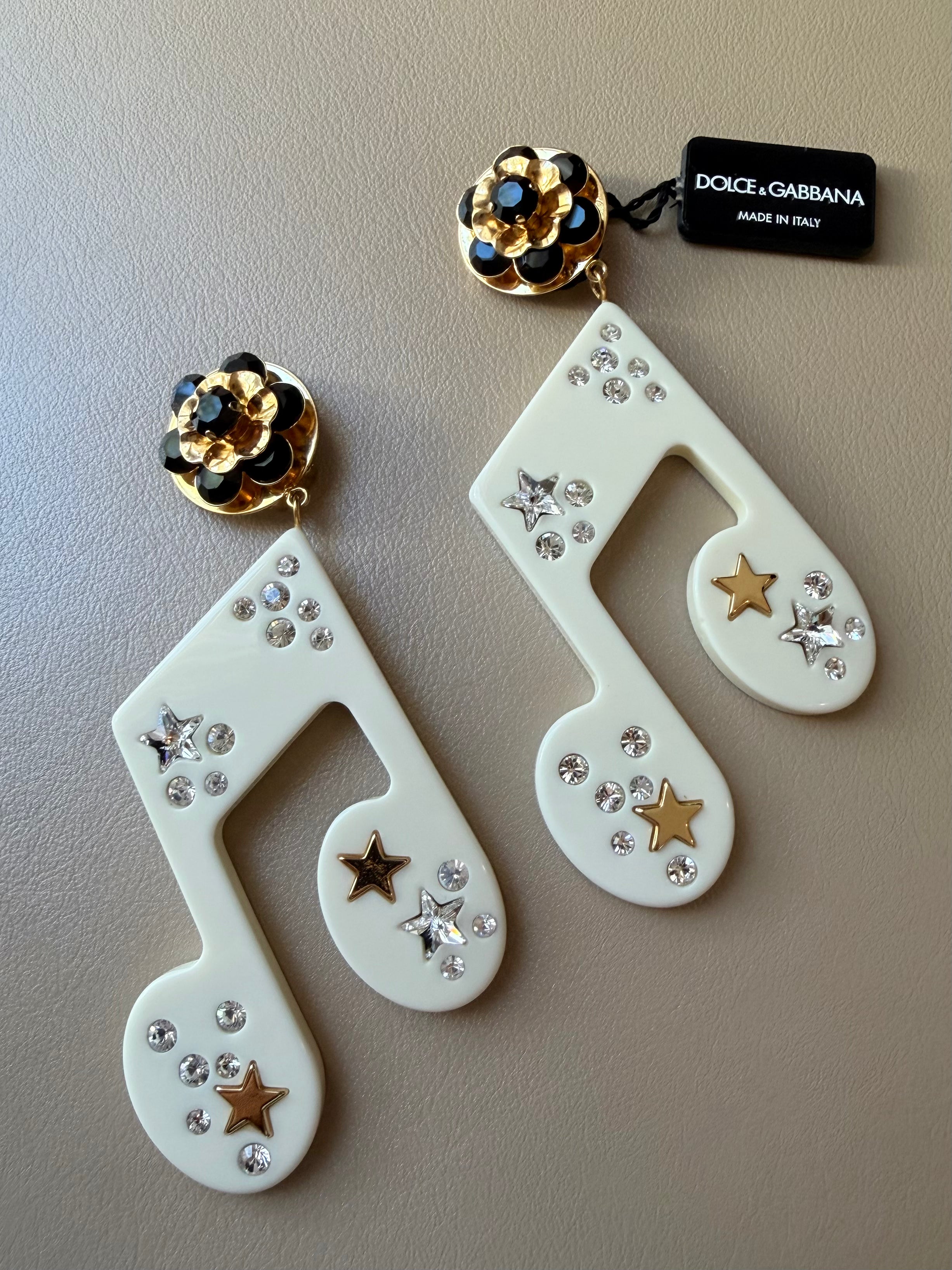 White “Crystal Music Note” Statement Drop Earrings