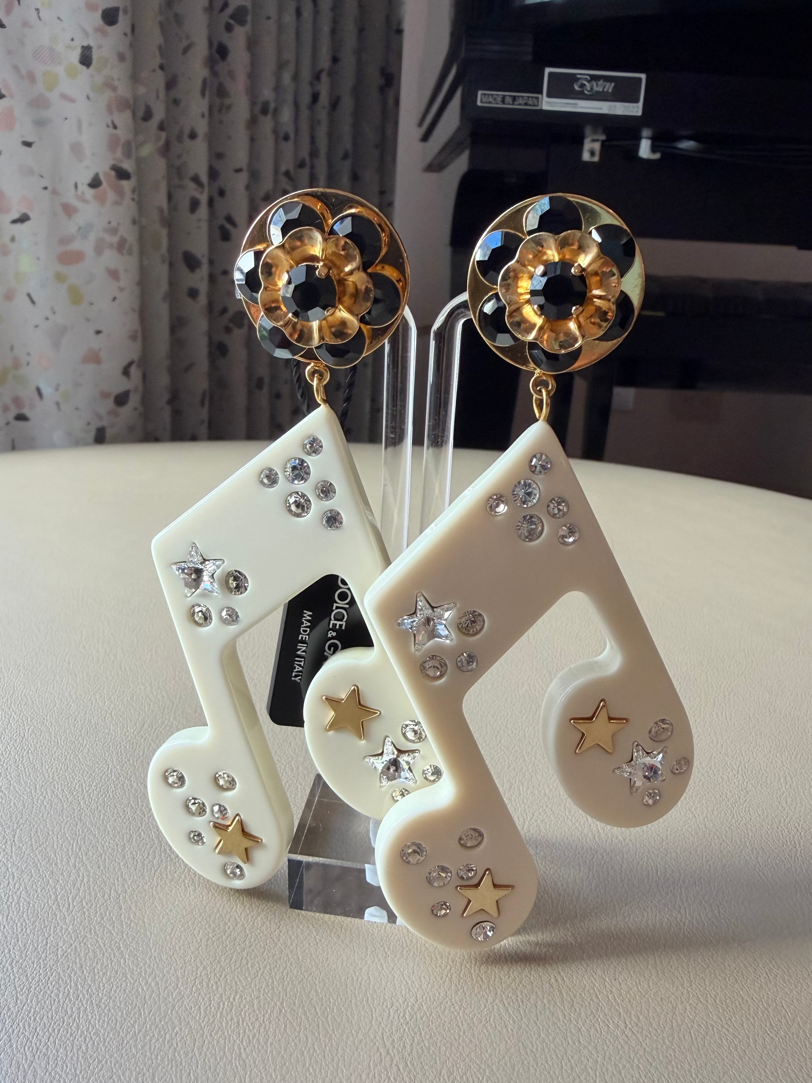 White “Crystal Music Note” Statement Drop Earrings