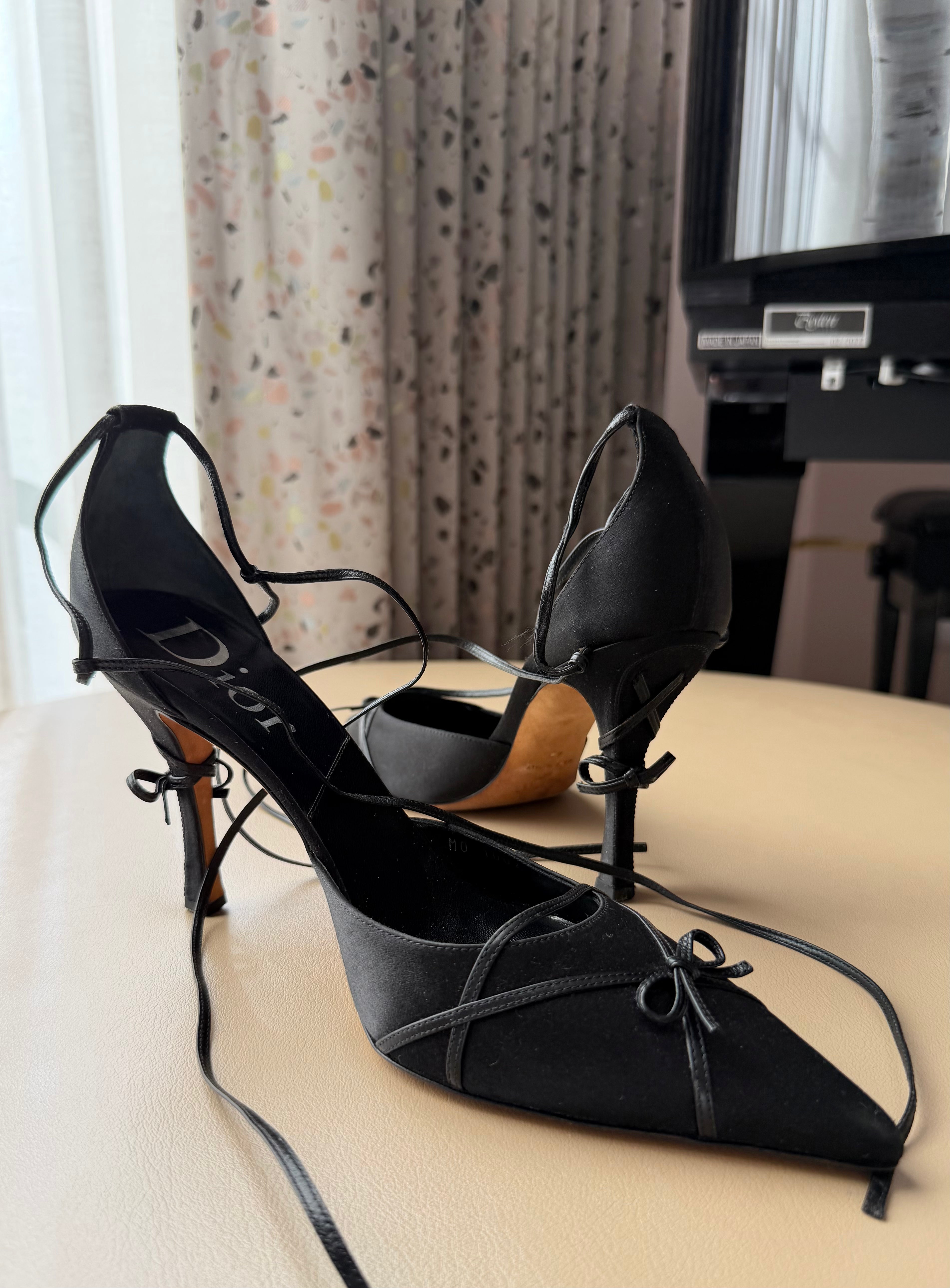 Black Satin Lace-Up Bow Pumps