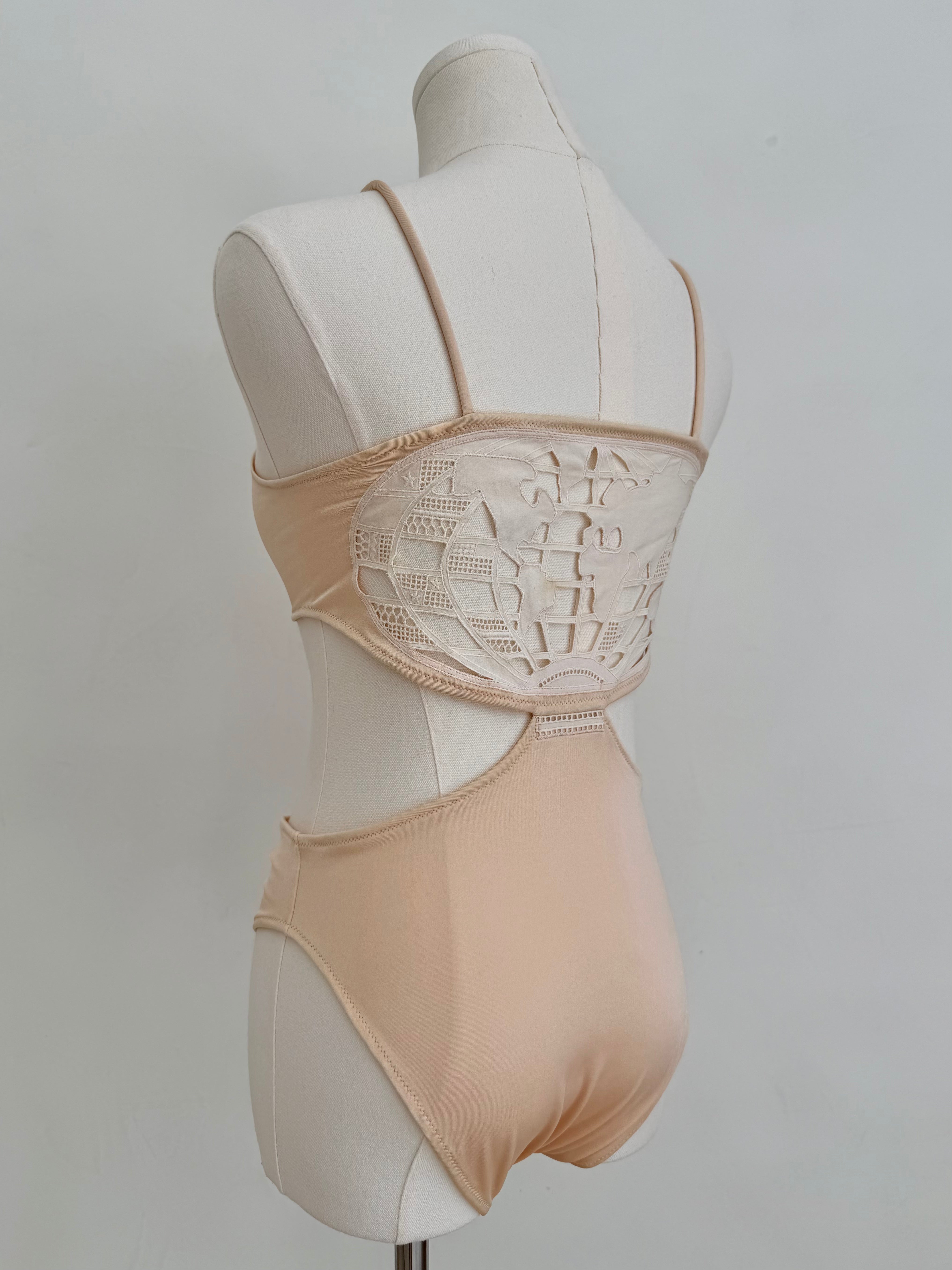 World Map Tan Cutwork One-Piece Swimsuit