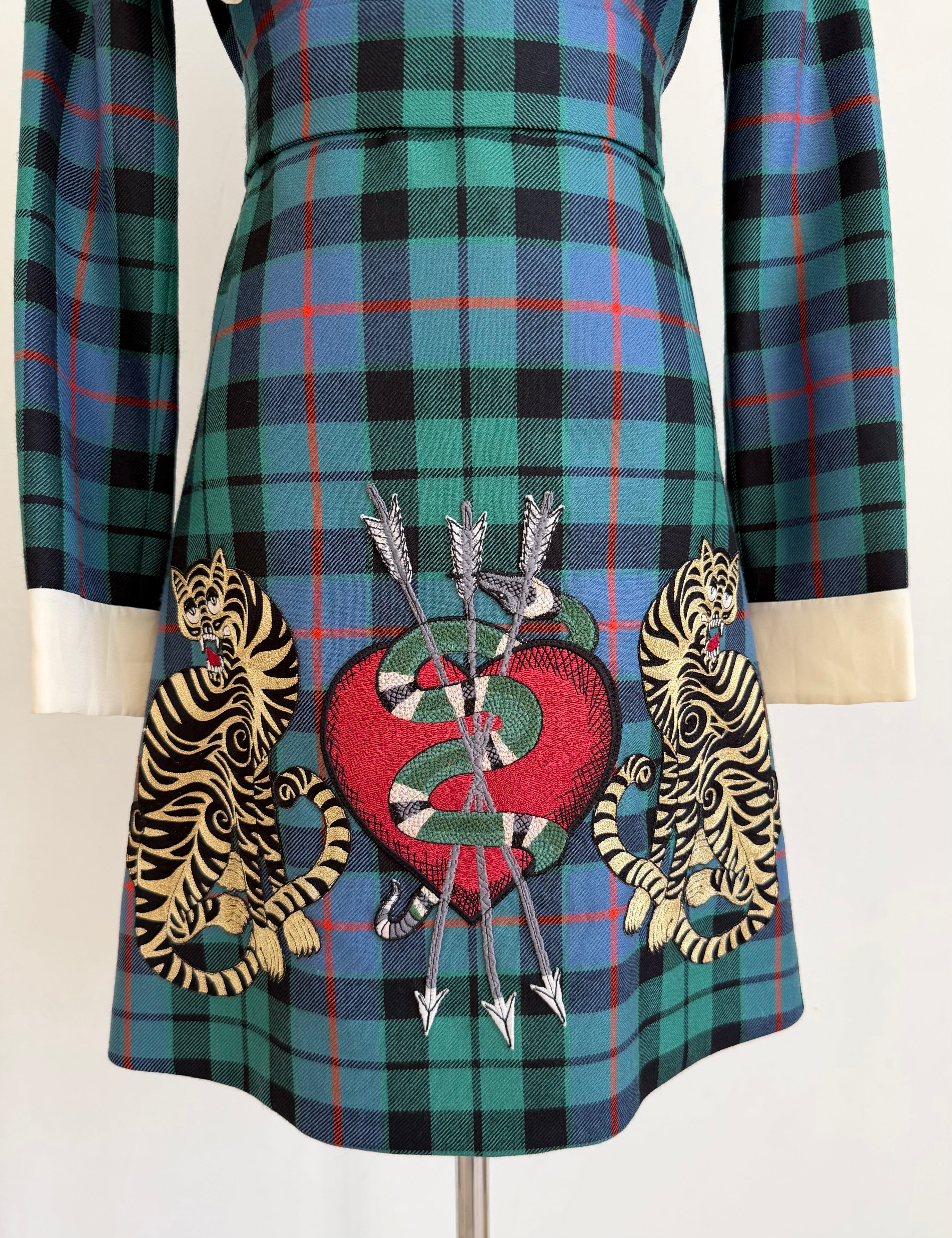 Plaid Dress with Tiger, Snake & Heart Embroidery